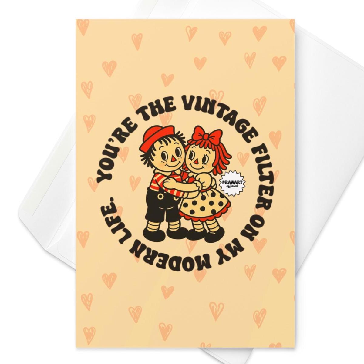 Vintage Filter Greeting Card - Retro Raggedy Ann & Andy, Nostalgic Love Card, Modern Vintage Couple, Cute Cartoon Card