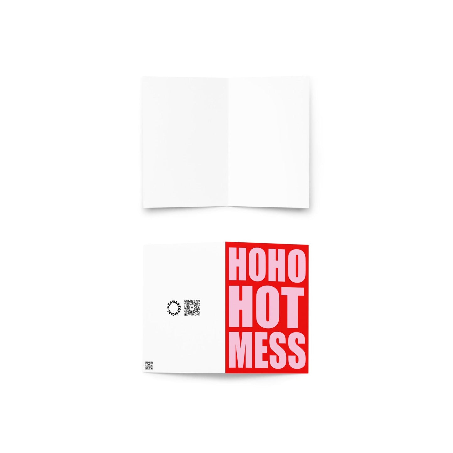 Bright red and pink Christmas card with bold block text reading “Ho Ho Hot Mess” on a glitter background.