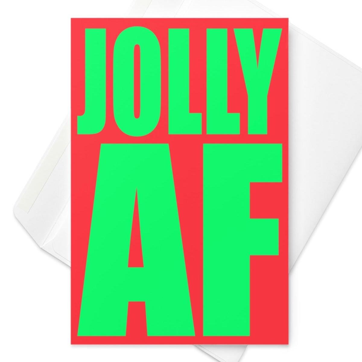 Bright red and green Christmas card with bold block text reading “Jolly AF”