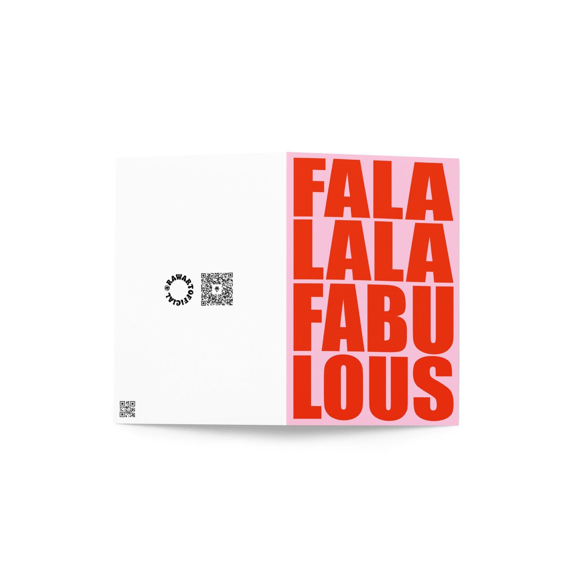 Pink and red Christmas card with bold block text reading “Fa La La La Fabulous”