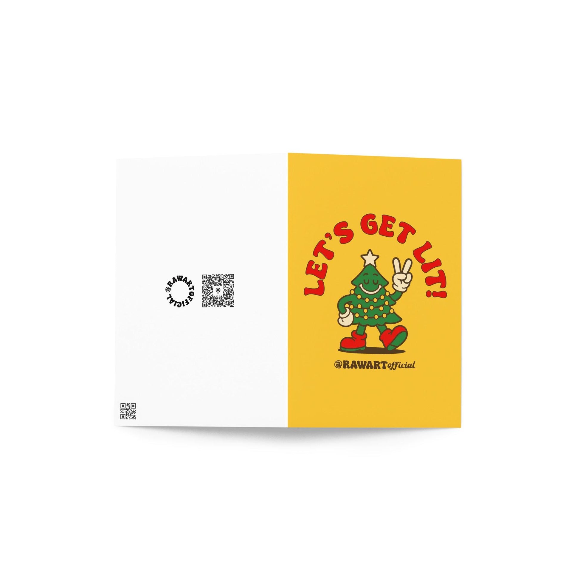 Yellow Christmas card featuring a cartoon Christmas tree covered in lights flashing a peace sign with text reading “Let’s Get Lit!”