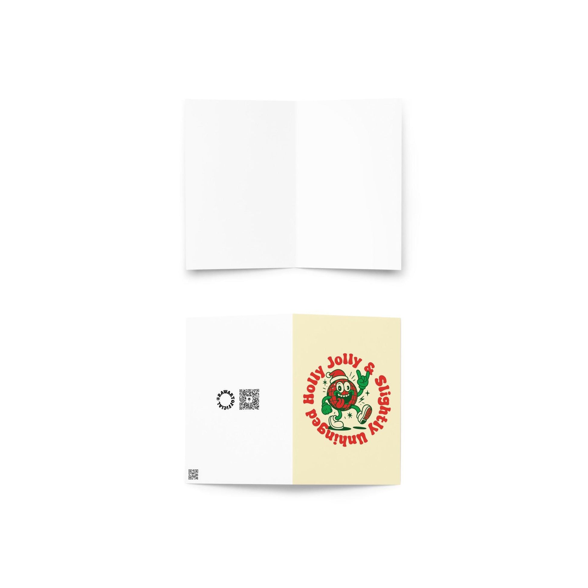Cream-colored Christmas card featuring a plaid ornament character in a Santa hat with text reading “Holly Jolly & Slightly Unhinged.”
