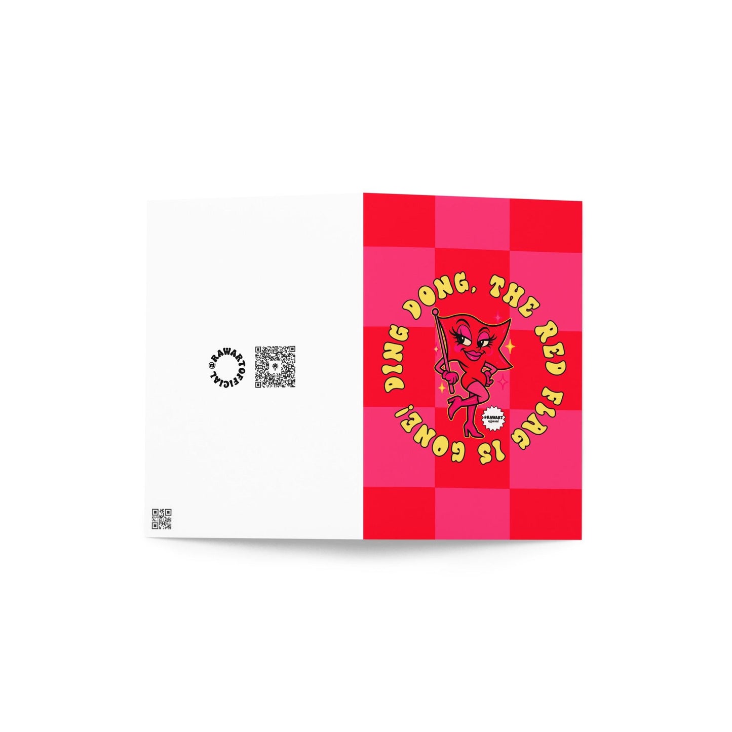 Funny breakup card with bold red and pink checkered background and a sassy cartoon red flag character in heels. Text reads “Ding dong, the red flag is gone!” Front and back cover view.