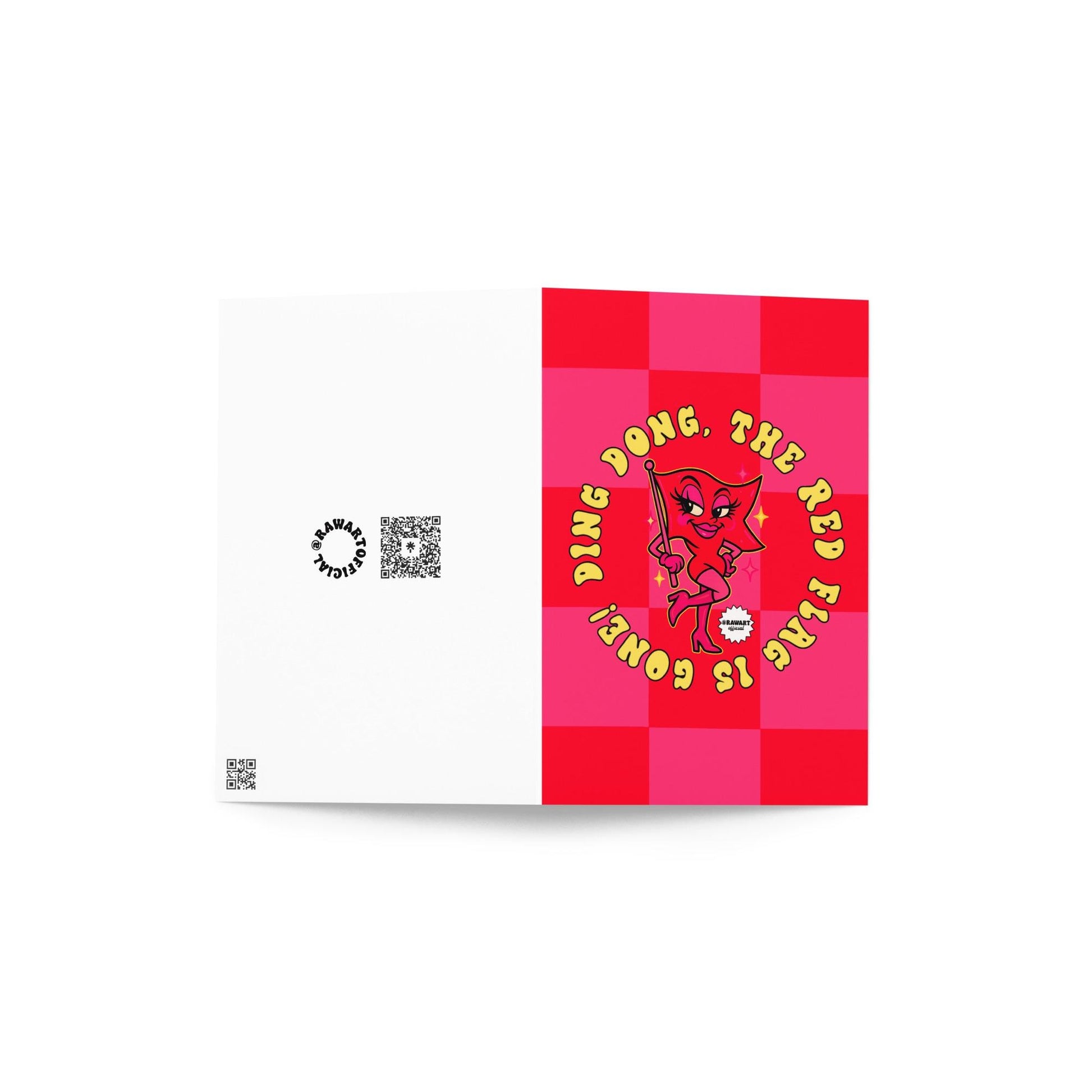 Funny breakup card with bold red and pink checkered background and a sassy cartoon red flag character in heels. Text reads “Ding dong, the red flag is gone!” Front and back cover view.