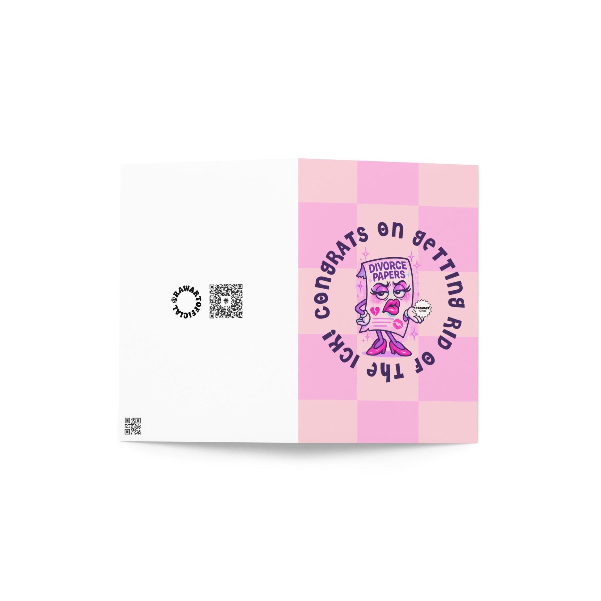 Angled view of funny pink checkered greeting card. Cover says “Congrats on getting rid of the ick!” with sassy divorce papers cartoon in heels and sparkles. Back features @rawartofficial logo and QR code.