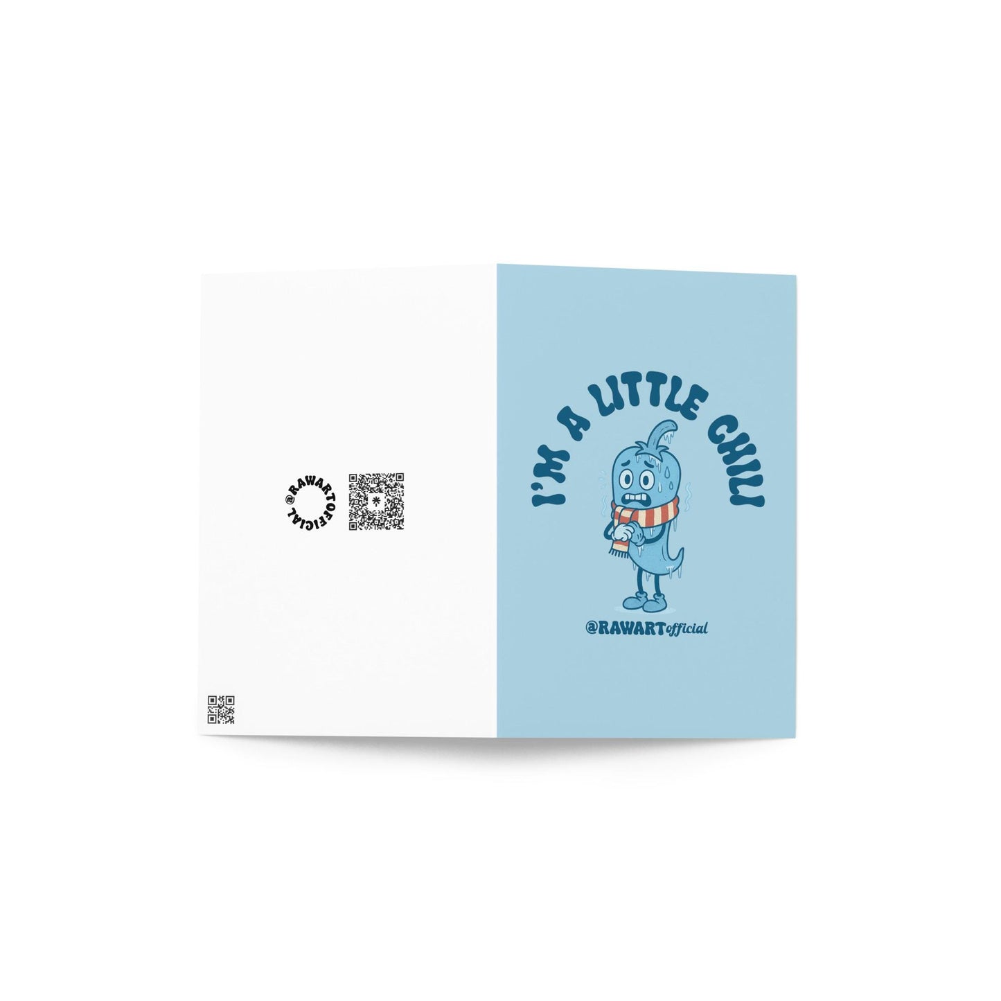 Light blue Christmas card featuring a cartoon chili pepper in a striped scarf with text reading “I’m a Little Chili.”