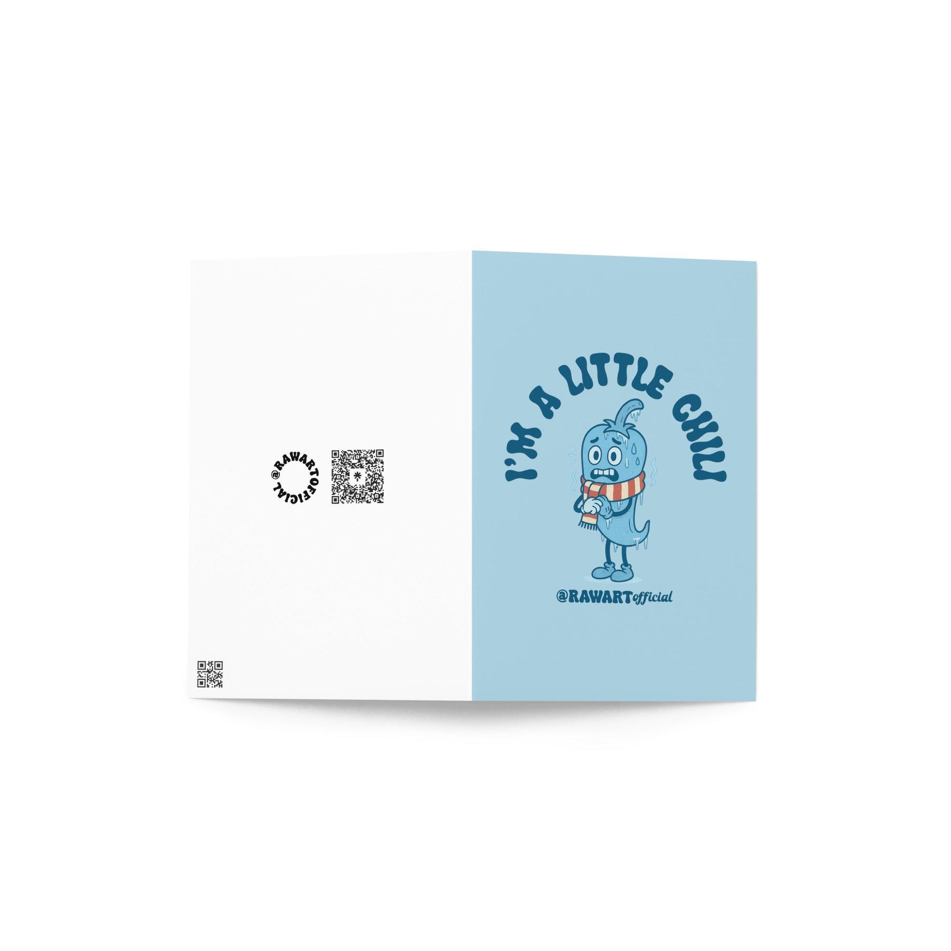 Light blue Christmas card featuring a cartoon chili pepper in a striped scarf with text reading “I’m a Little Chili.”