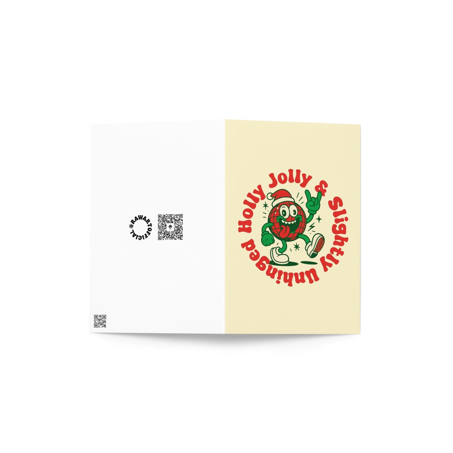 Cream-colored Christmas card featuring a plaid ornament character in a Santa hat with text reading “Holly Jolly & Slightly Unhinged.”