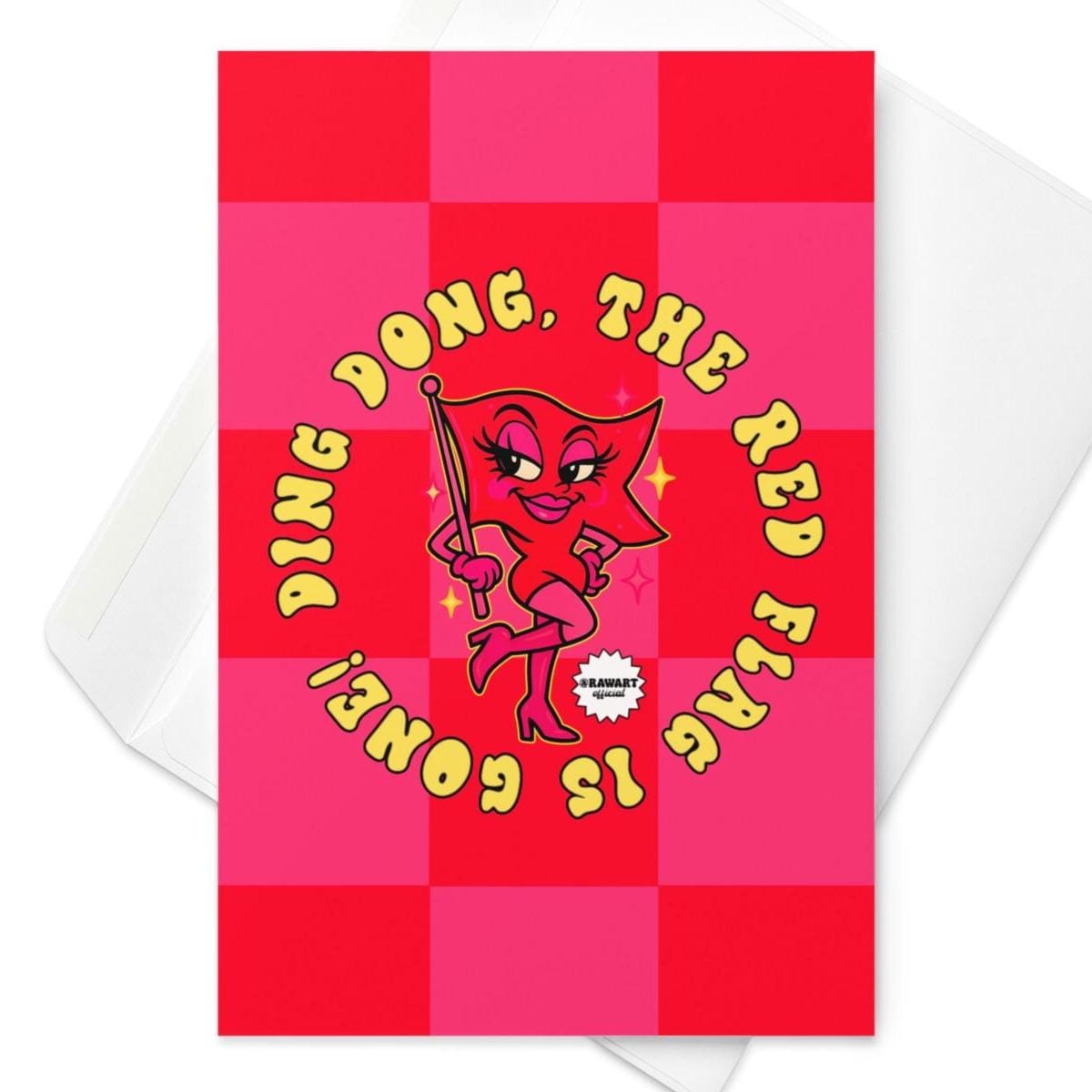 Bold pink and red checkered breakup card featuring a sassy cartoon red flag in heels with text: “Ding dong, the red flag is gone!” Envelope partially shown in the background.