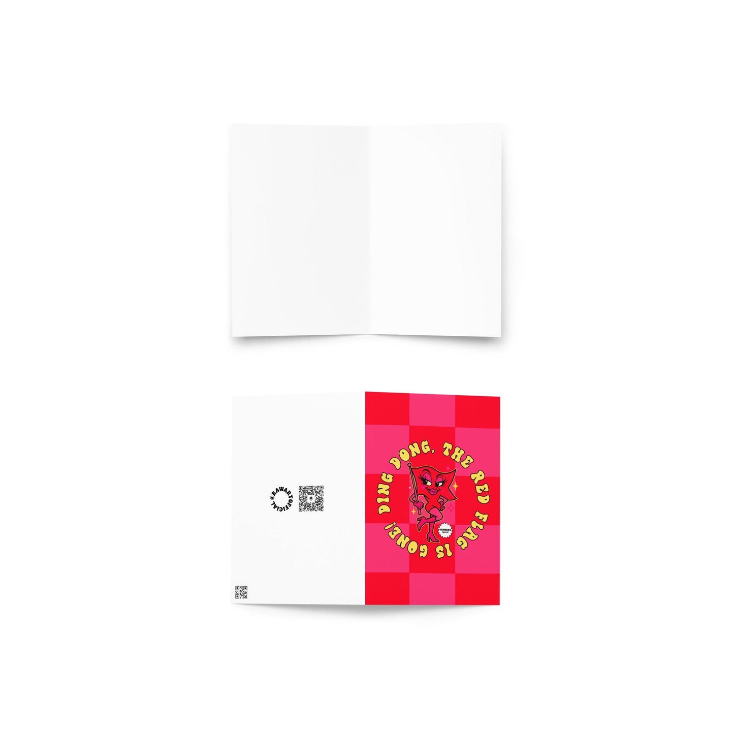 Funny empowerment greeting card with checkered red and pink pattern and a flirty cartoon red flag holding a pole. Text says “Ding dong, the red flag is gone!” Card is shown flat with inside blank.