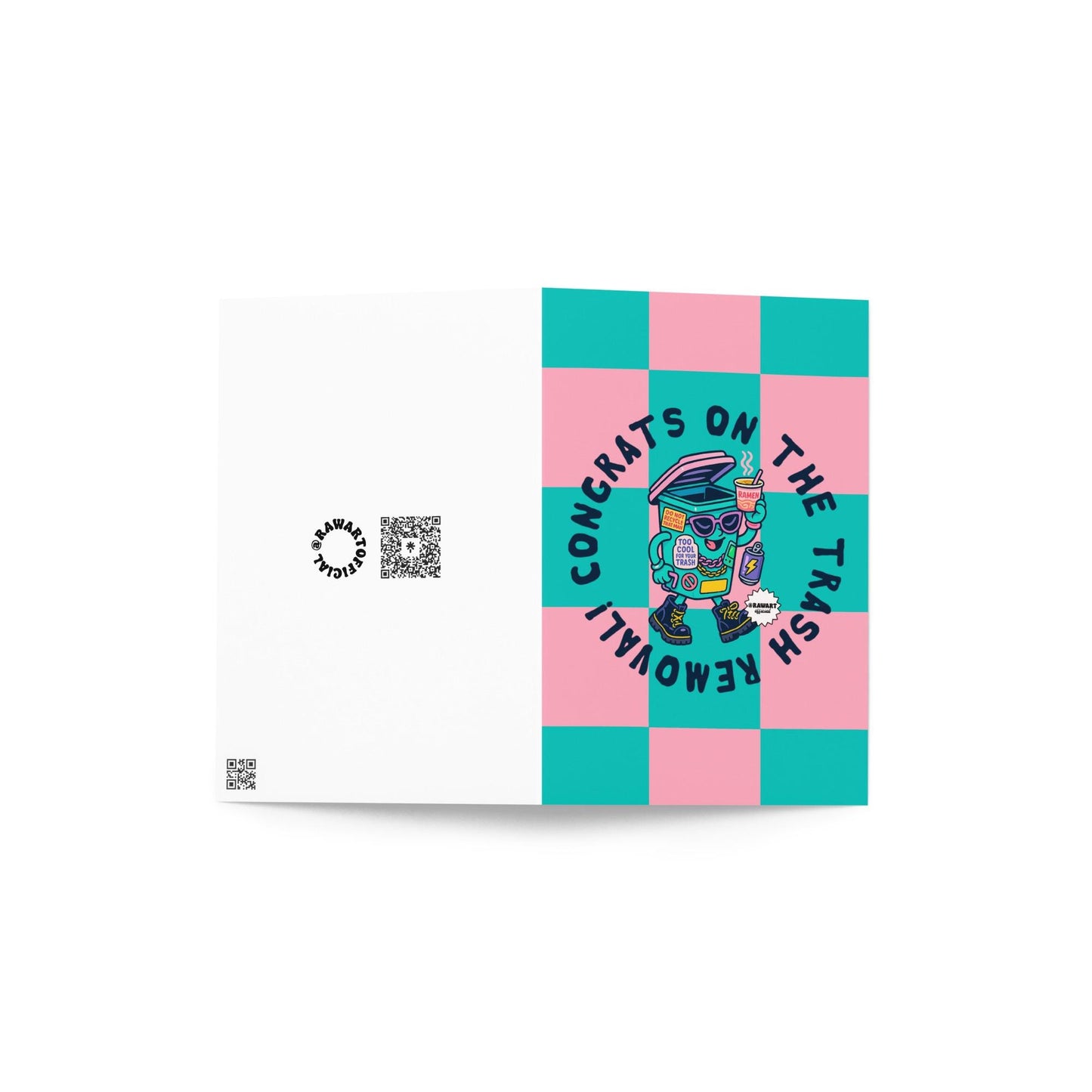 Front and back view of pastel checkered “Congrats on the Trash Removal!” greeting card featuring a walking trash bin in boots and sunglasses holding ramen. Branding and QR codes on the back cover.