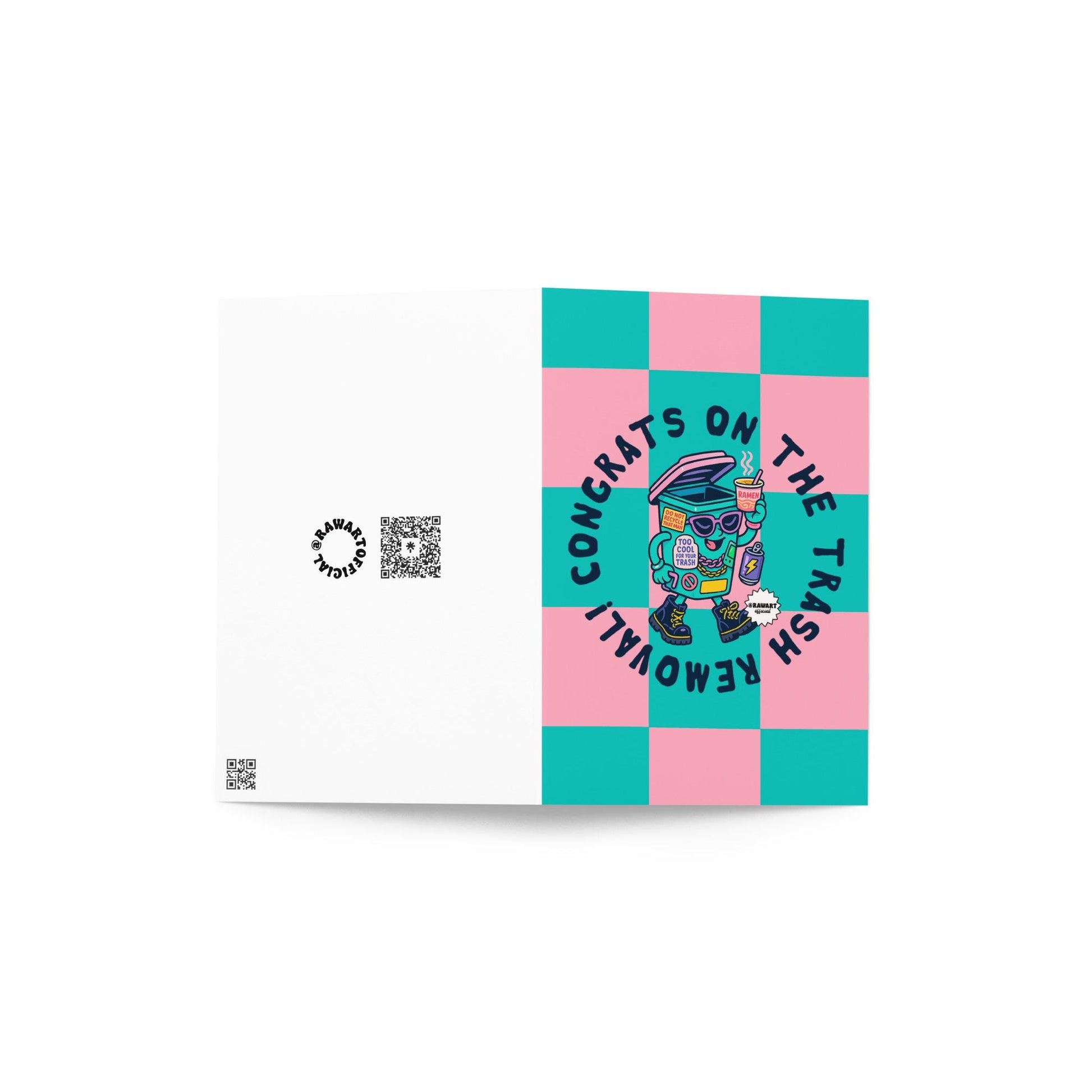 Front and back view of pastel checkered “Congrats on the Trash Removal!” greeting card featuring a walking trash bin in boots and sunglasses holding ramen. Branding and QR codes on the back cover.