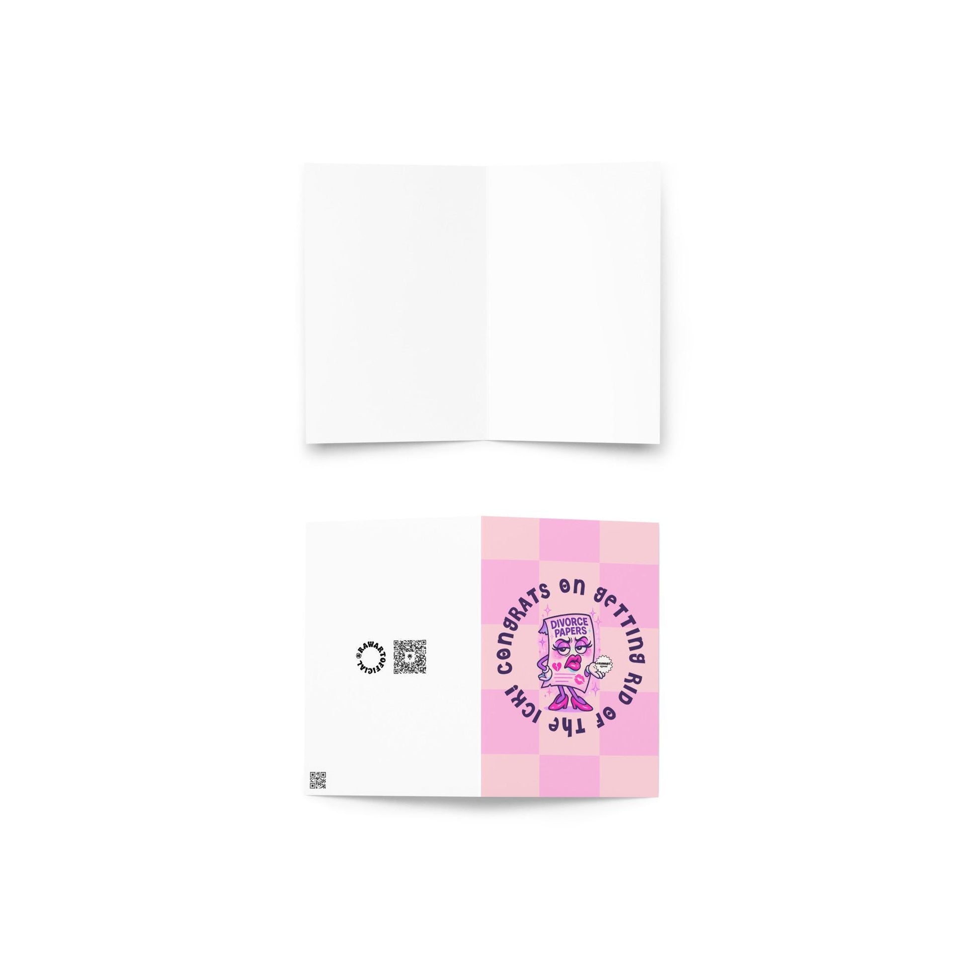 Greeting card front and inside view. Card cover features a pink checkered background with glam divorce papers character and bold curved text: “Congrats on getting rid of the ick!” Interior is blank for personal messages.