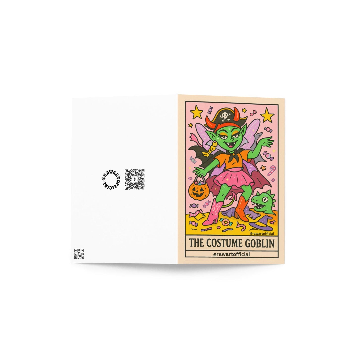 Colorful Halloween greeting card featuring a green goblin dressed as a pirate fairy holding a pumpkin candy bucket surrounded by candy.