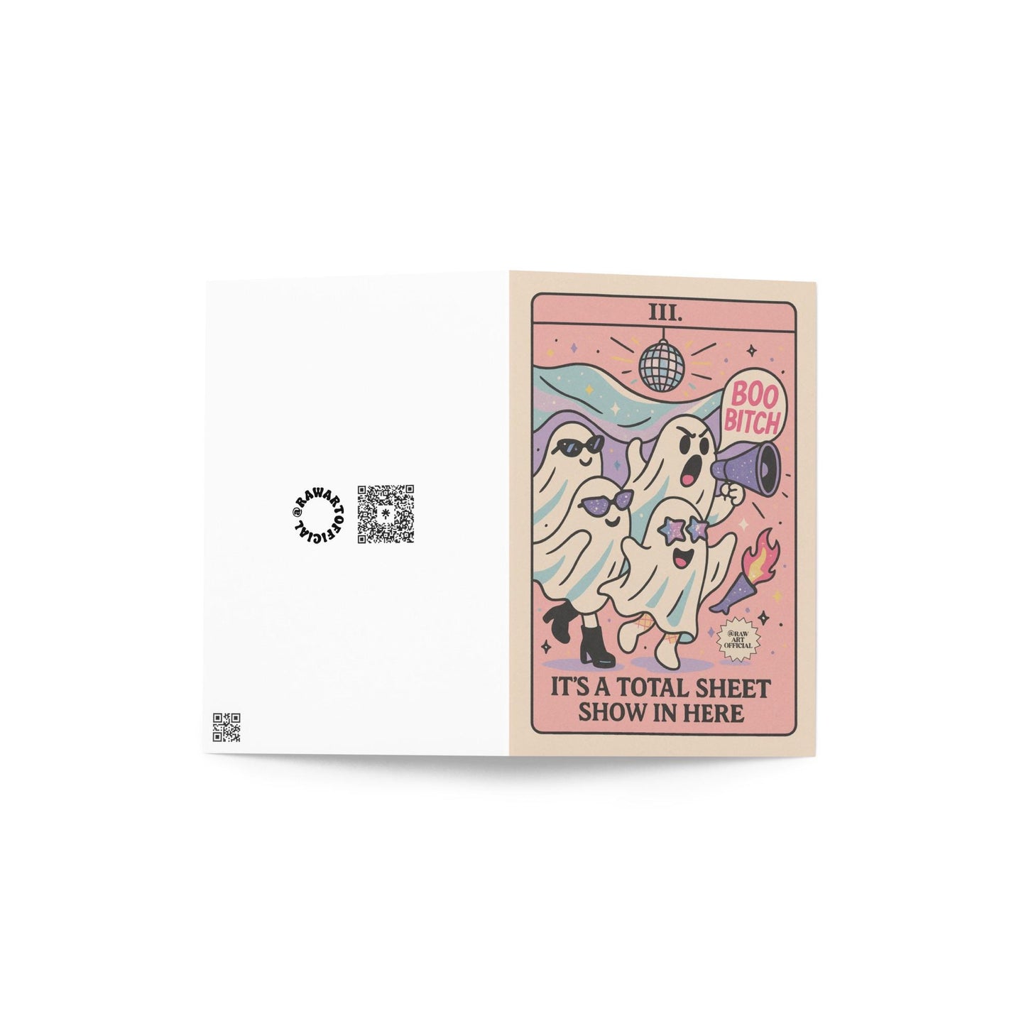 Funny ghost Halloween card with pastel pink background, disco ball, and “Boo Bitch” text – Total Sheet Show design by RAW Art Official.