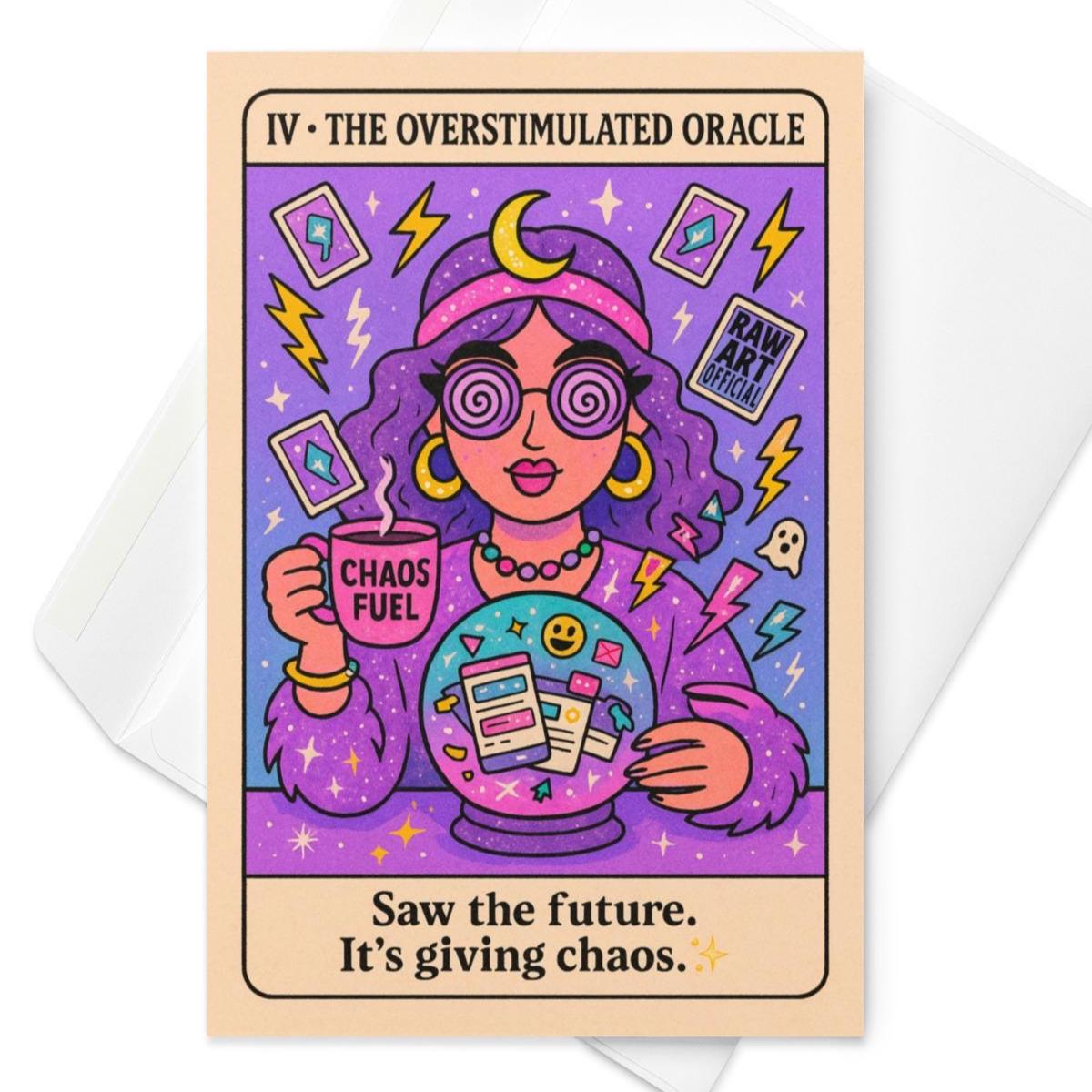 Colorful unhinged psychic Halloween greeting card with a chaotic oracle holding coffee and a crystal ball, surrounded by lightning and tarot cards.
