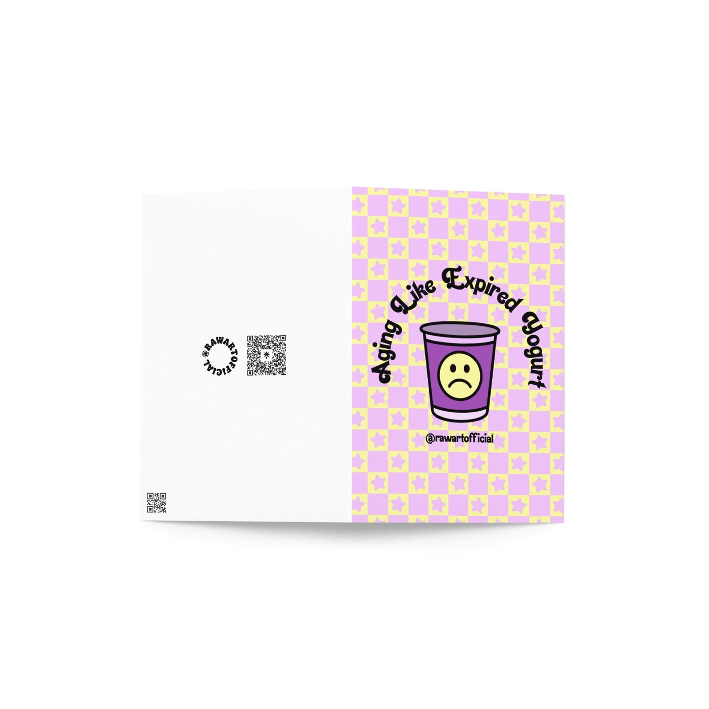 Funny aging birthday card with retro yogurt cup and sad face, pastel pink and yellow design