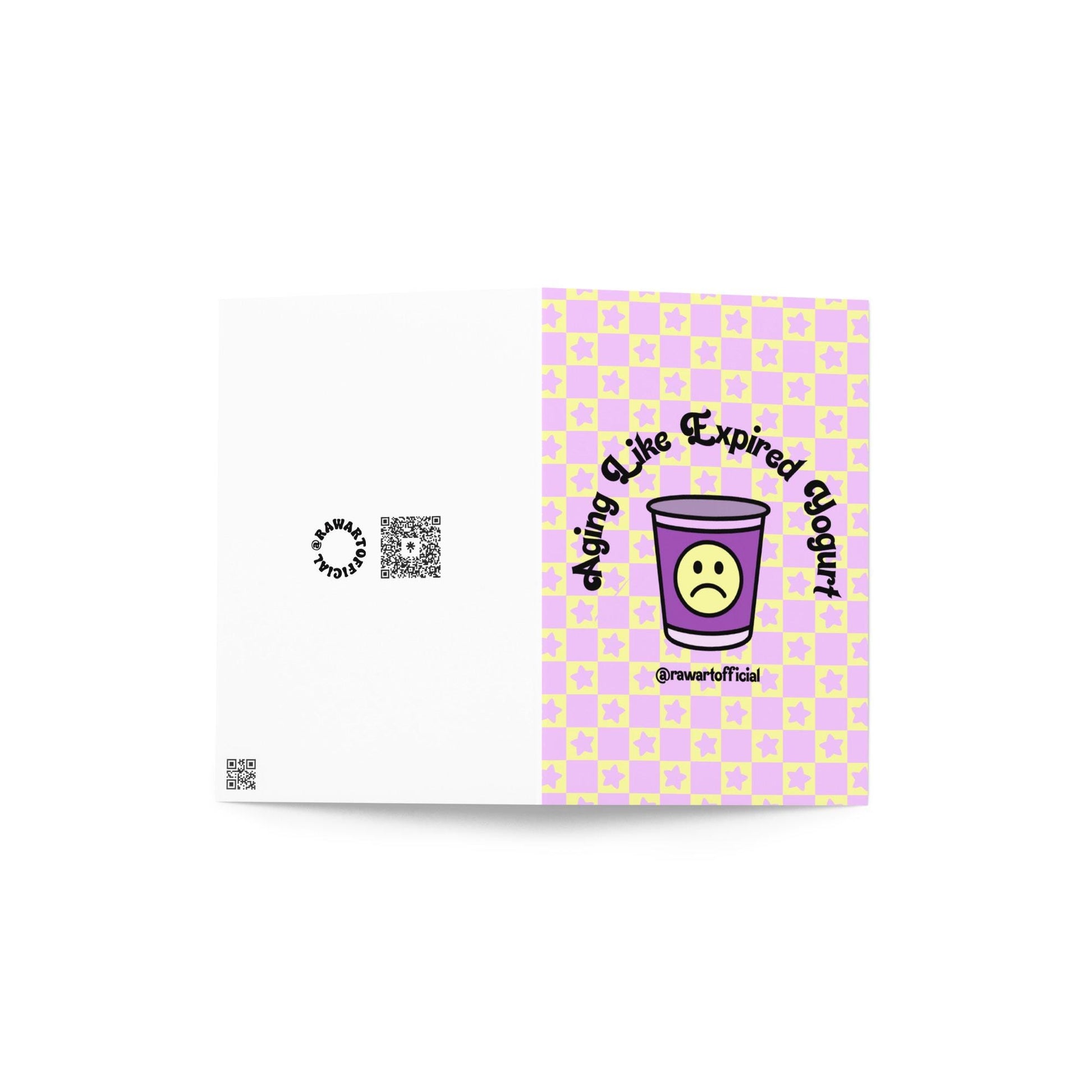 Funny aging birthday card with retro yogurt cup and sad face, pastel pink and yellow design