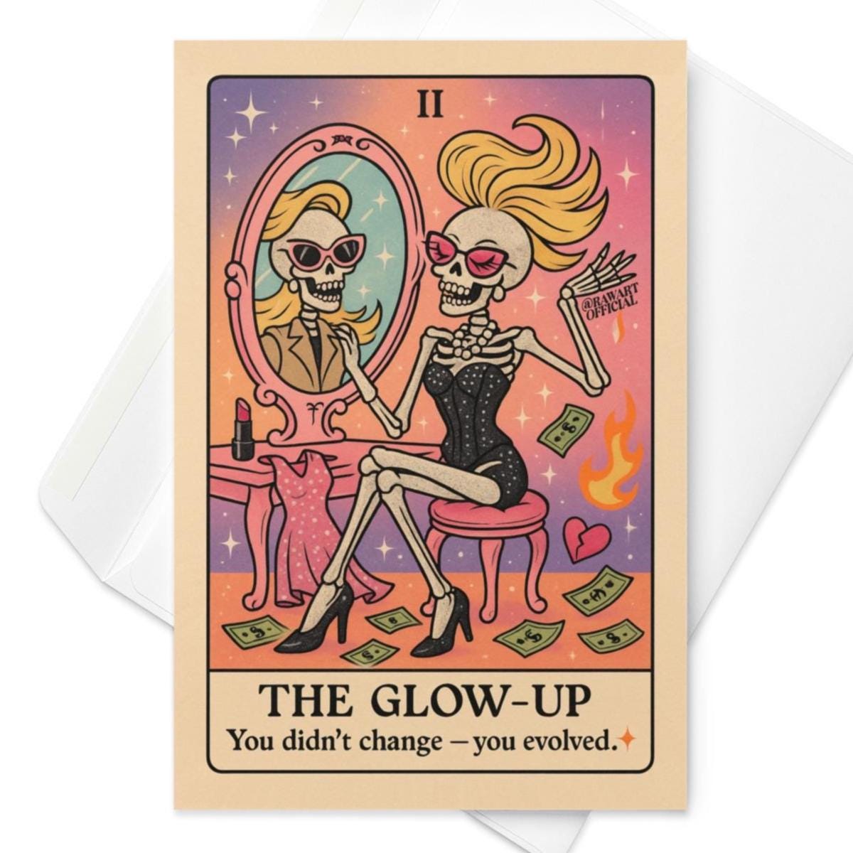 Retro skeleton makeover Halloween greeting card with cash and mirror, 4x6 self-love stationery