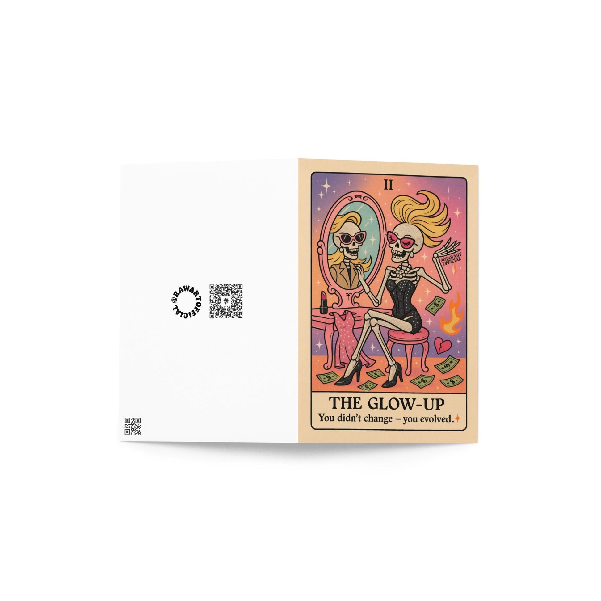 Retro skeleton makeover Halloween greeting card with cash and mirror, 4x6 self-love stationery