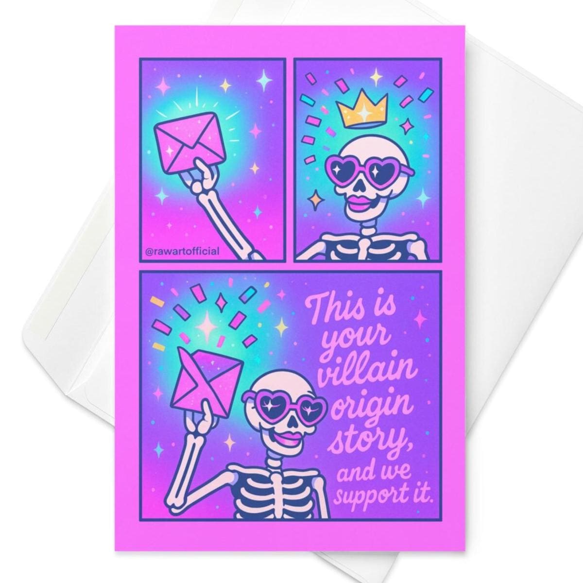 Pink and blue comic-style skeleton in heart sunglasses holding envelope with crown, text reads “This is your villain origin story” Halloween Card