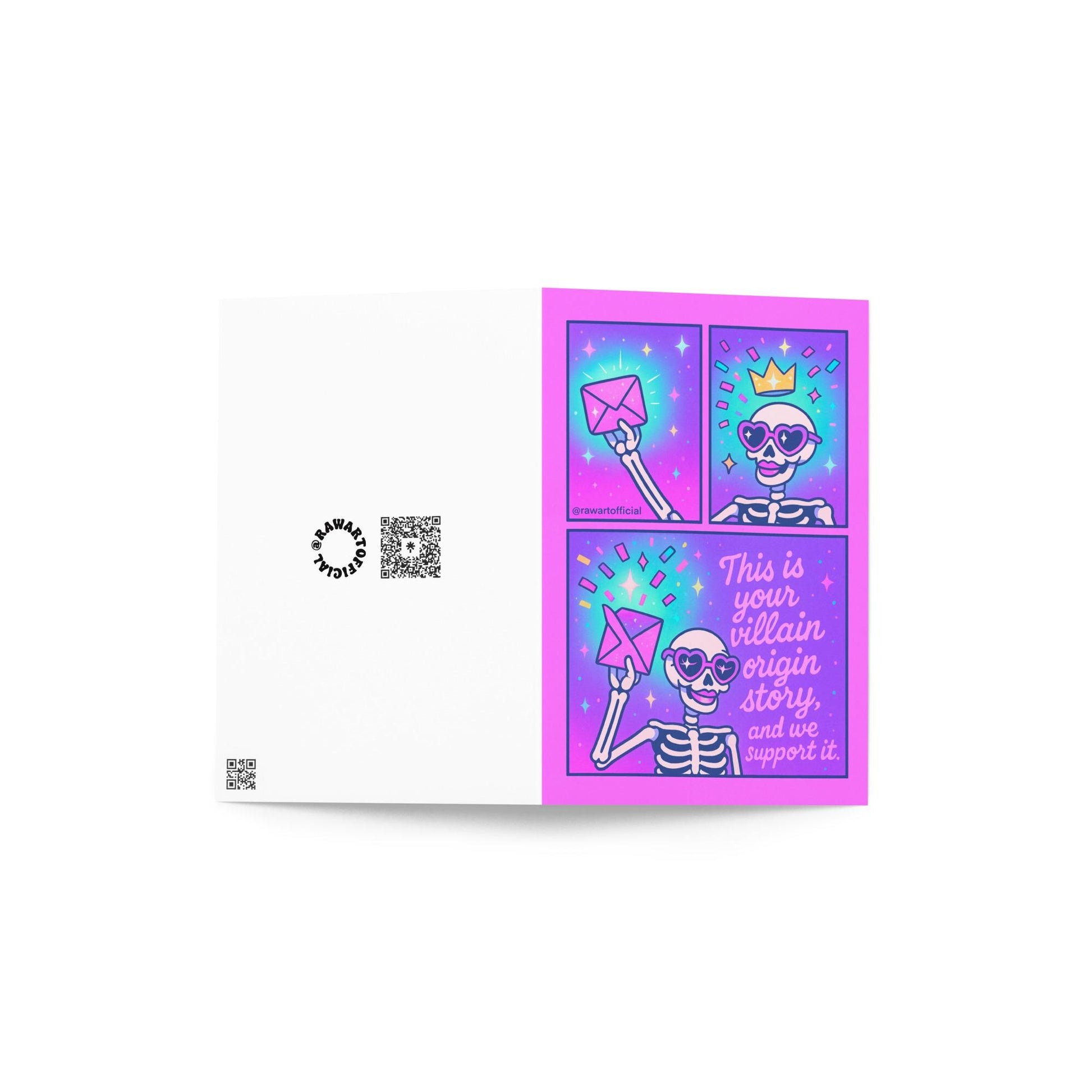 Pink and blue comic-style skeleton in heart sunglasses holding envelope with crown, text reads “This is your villain origin story” Halloween Card