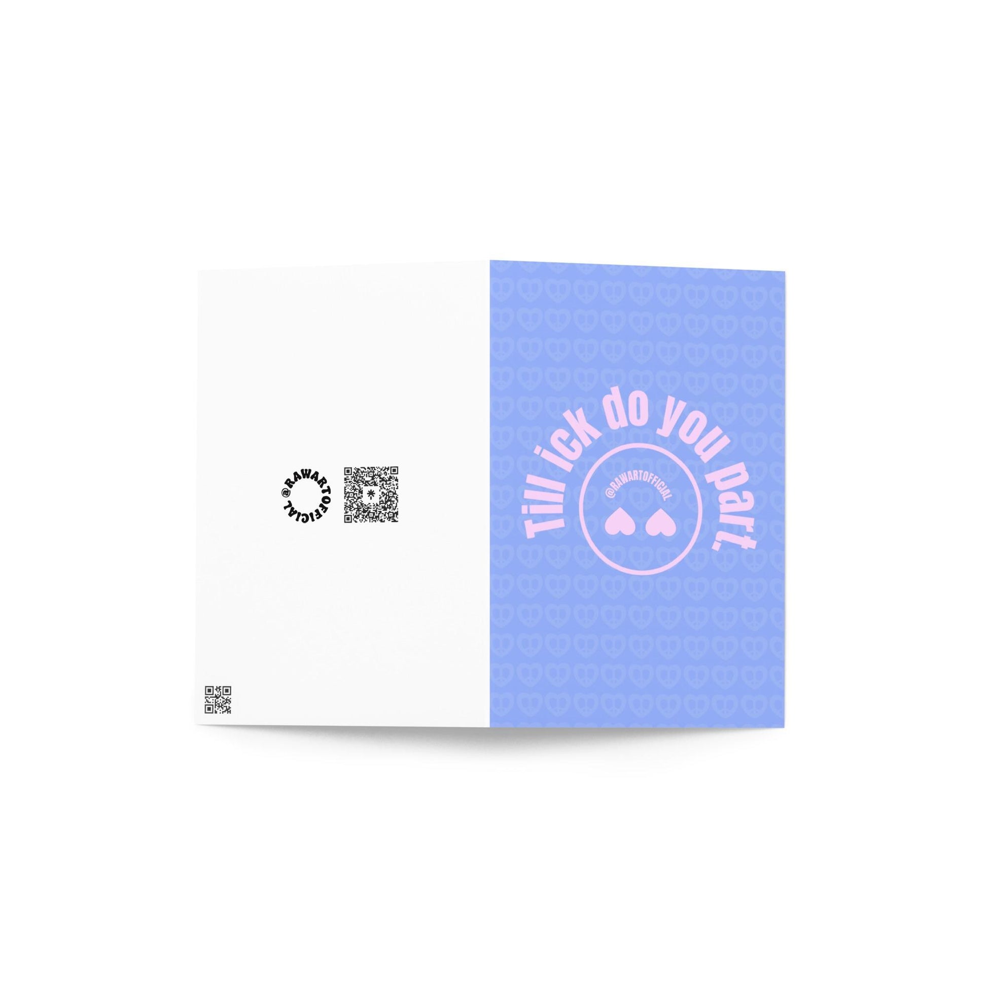 Pastel blue and pink retro wedding card with text &quot;Till Ick Do You Part&quot; and heart-eyed smiley face