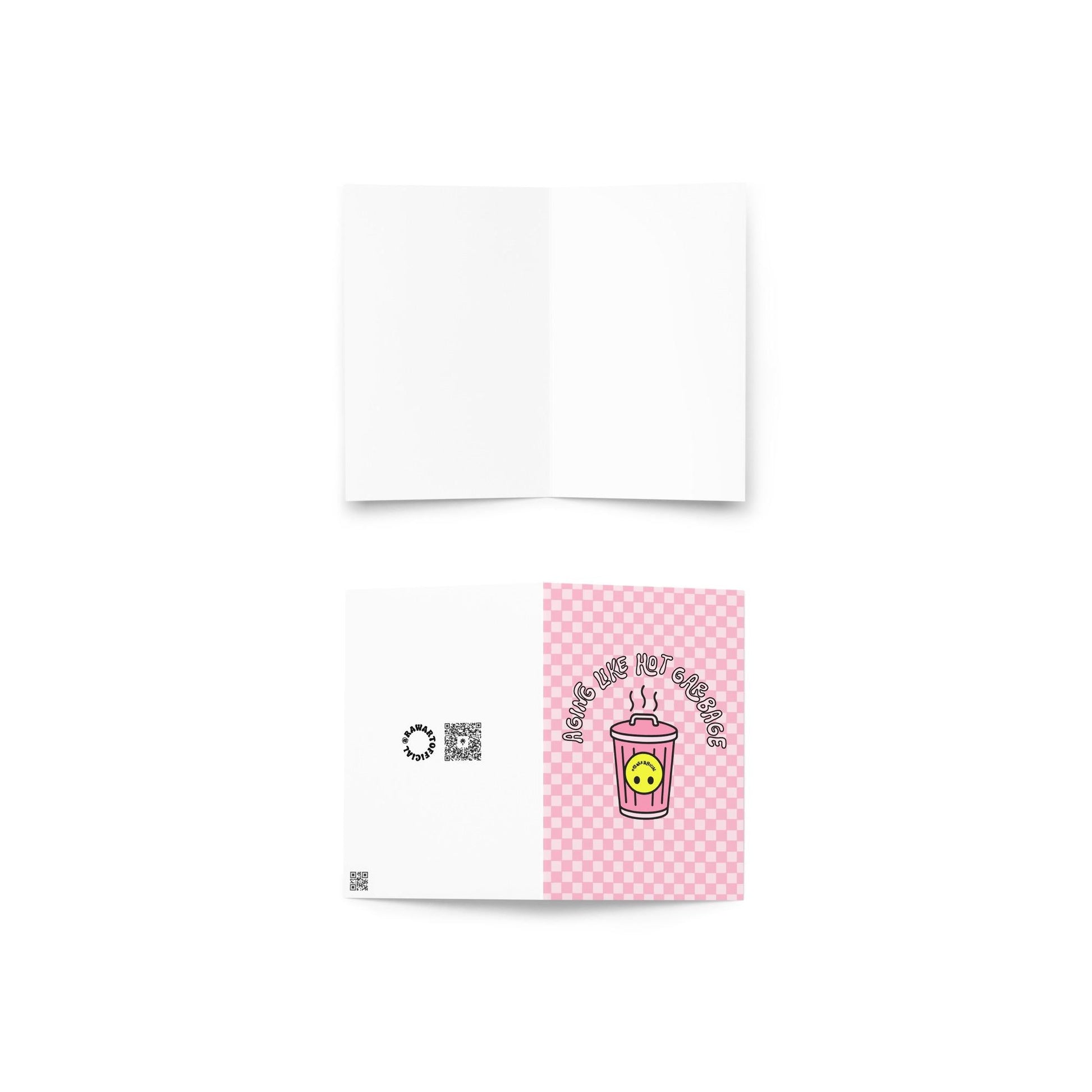 Funny “Aging Like Hot Garbage” birthday card with pink checkered retro trash can design