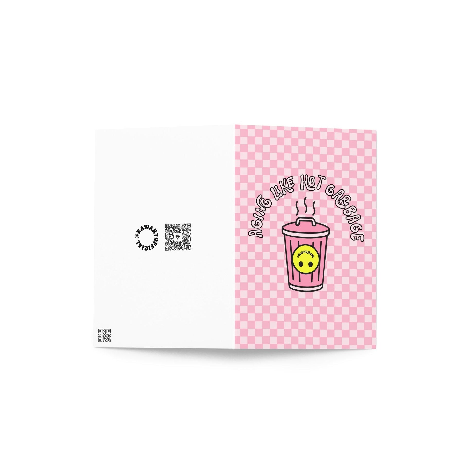 Funny “Aging Like Hot Garbage” birthday card with pink checkered retro trash can design