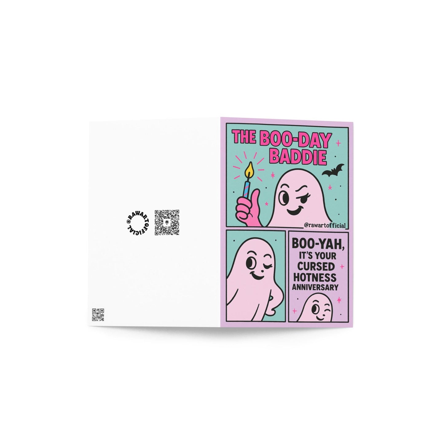 Pink and teal ghost birthday card with cheeky ghost holding candle and saying “Boo-Yah.”