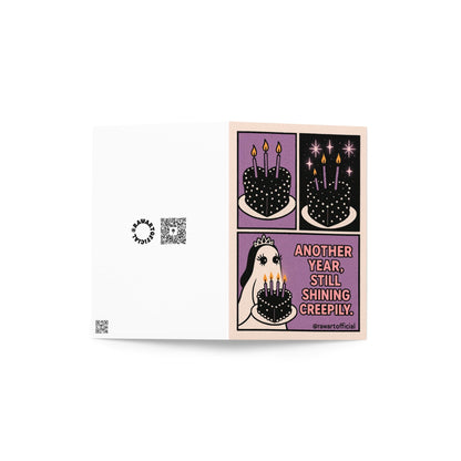 Halloween ghost birthday card with rhinestone cake and creepy cute purple design