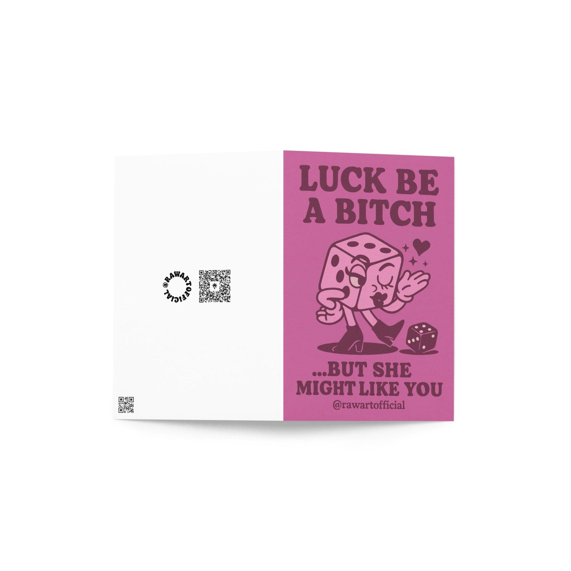 Pink retro dice character blowing kiss with “Luck Be a Bitch” text.