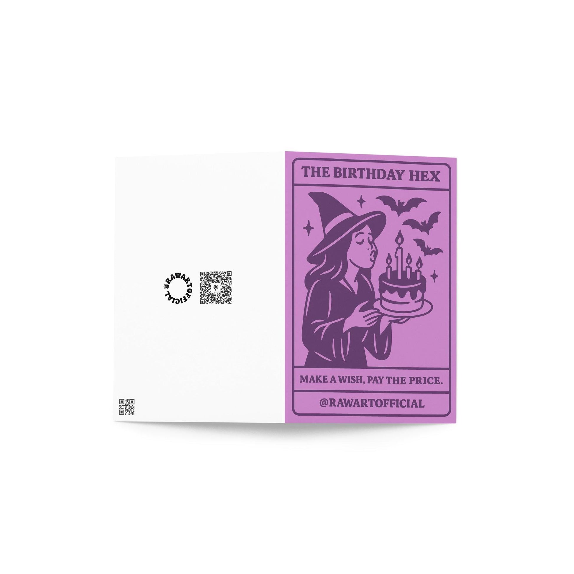Purple witch birthday card with cartoon witch blowing out candles and bats flying, tarot-style spooky greeting card.