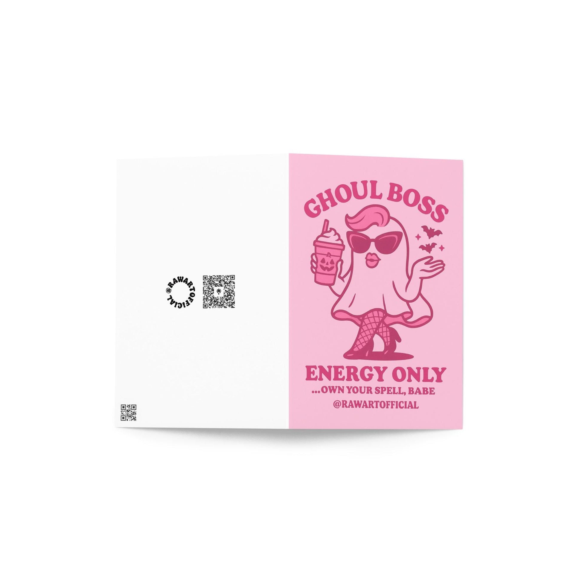 Pink ghost in sunglasses and fishnets holding a pumpkin spice latte with bats flying, text reads “Ghoul Boss Energy Only.”