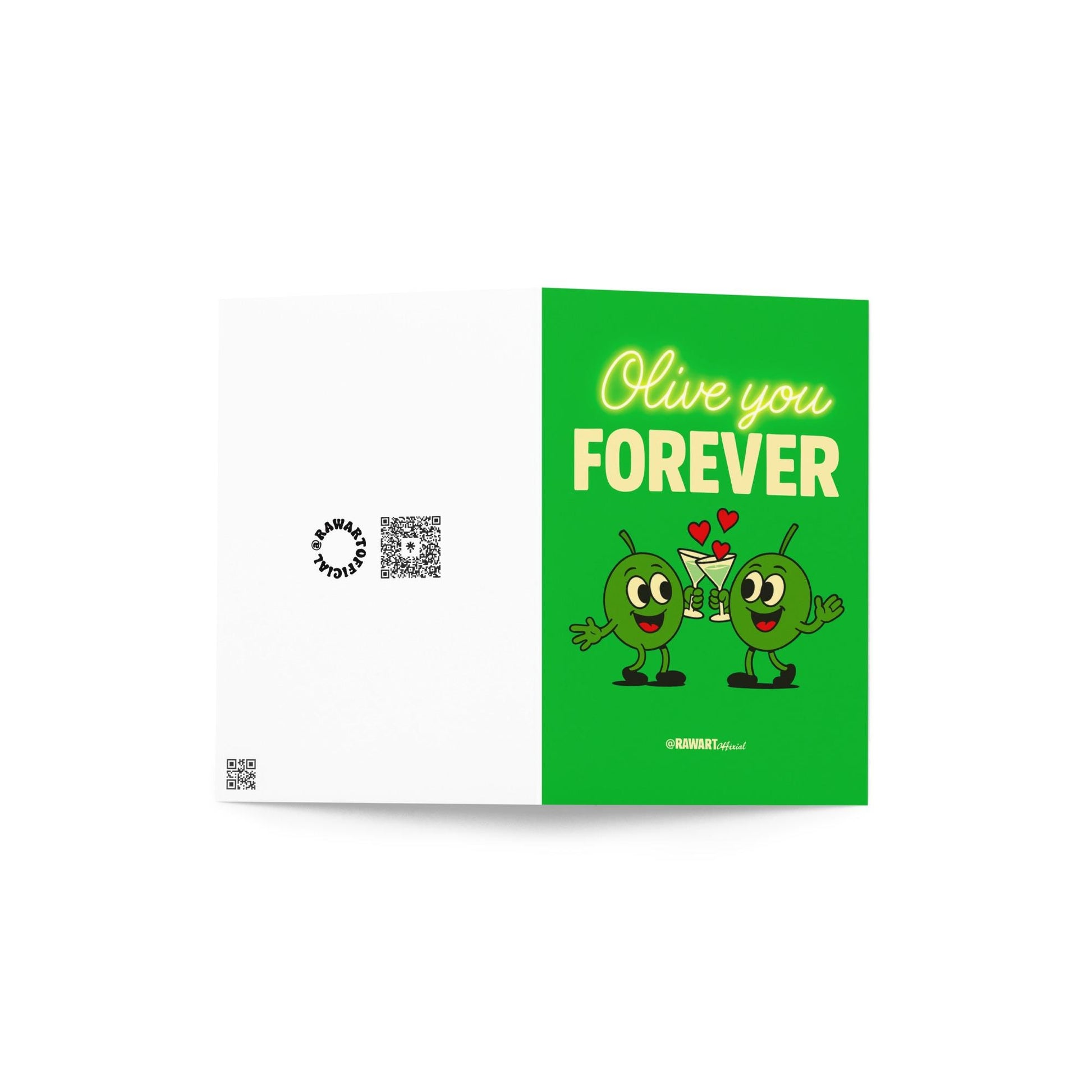Cartoon olives clinking martini glasses with hearts, text reads “Olive You Forever” in retro neon-style font.