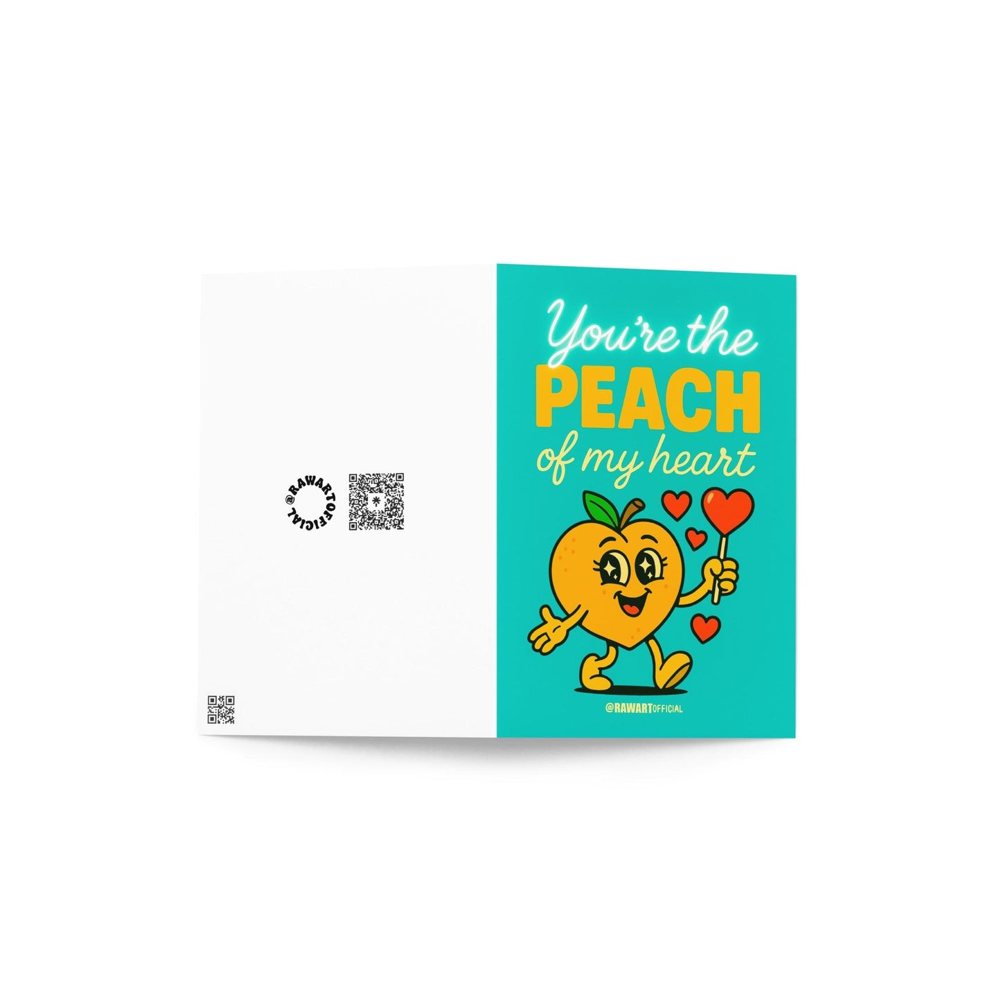 Retro cartoon peach character holding a heart lollipop with the text “You’re the Peach of My Heart.”