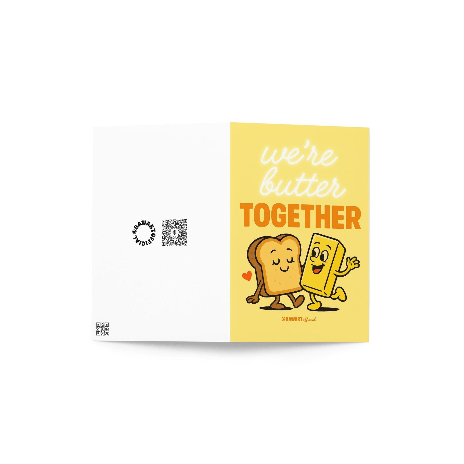Retro cartoon toast and butter dancing together with text “We’re Butter Together” on yellow background.