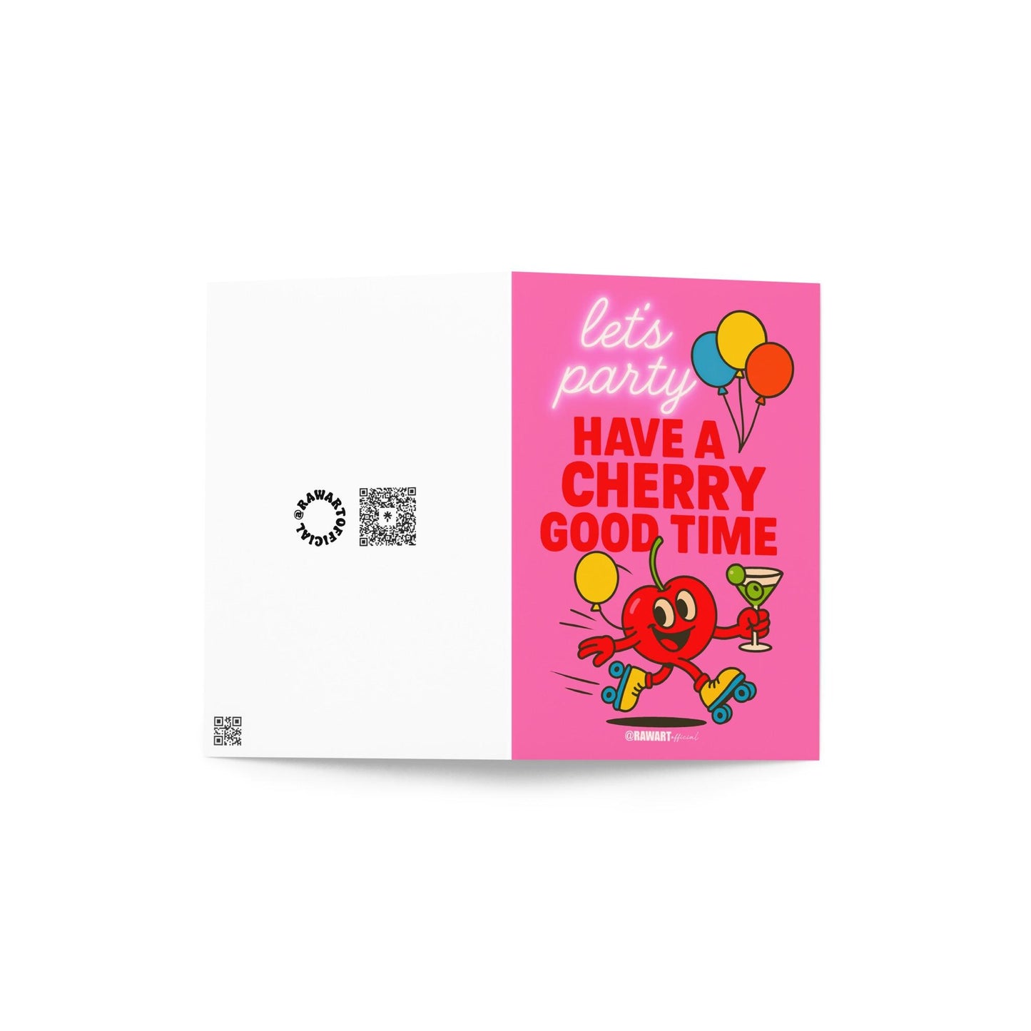 Retro cherry character on roller skates holding balloons and martini, pink neon background, text says “Have a Cherry Good Time.”