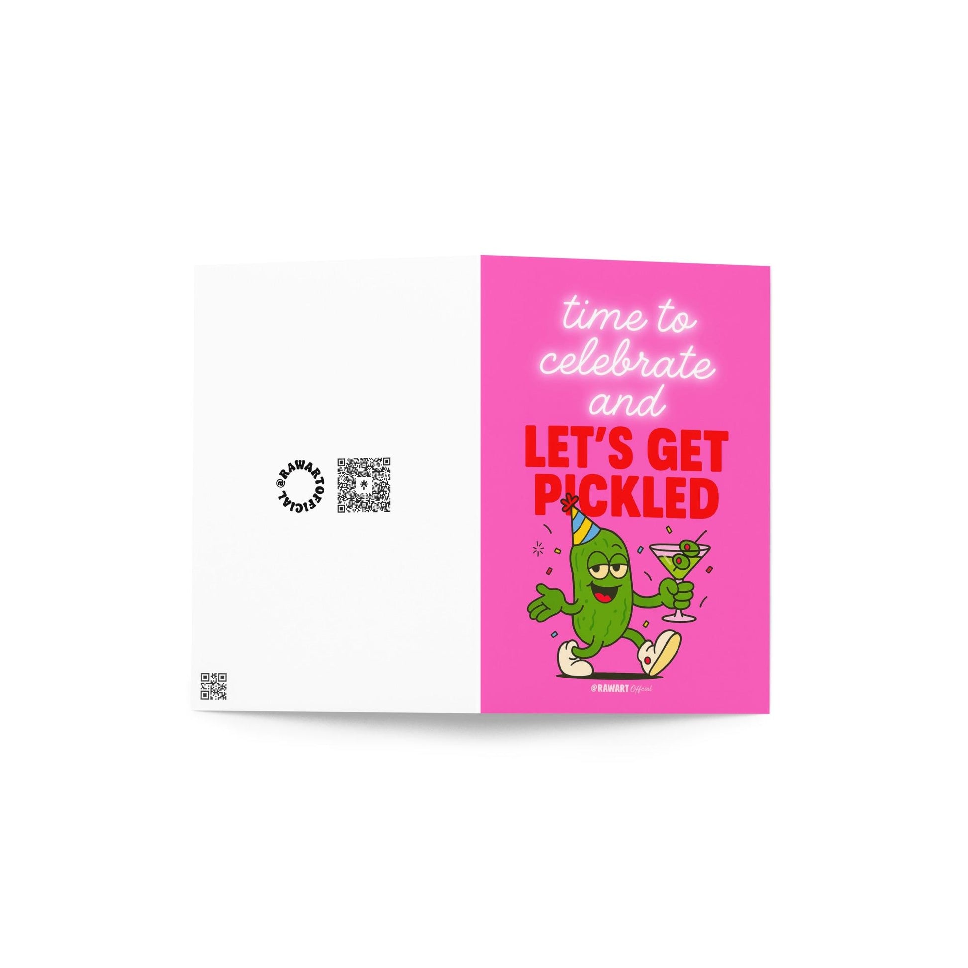 Retro neon pink greeting card with cartoon pickle holding martini, text reads “Let’s Get Pickled.”
