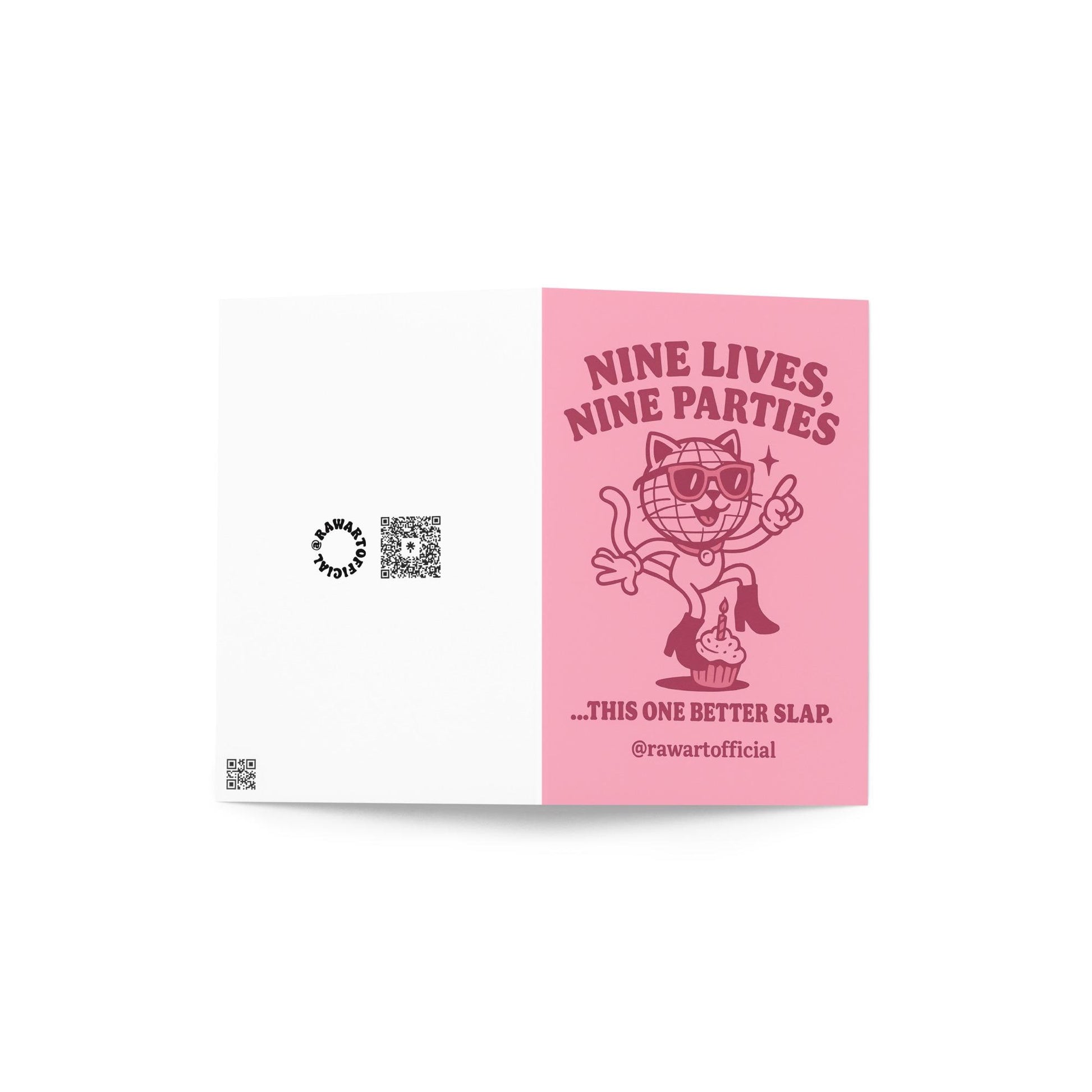 Retro disco cat birthday card with a dancing cat wearing shades and boots, stepping on a cupcake, text reads “Nine Lives, Nine Parties.”