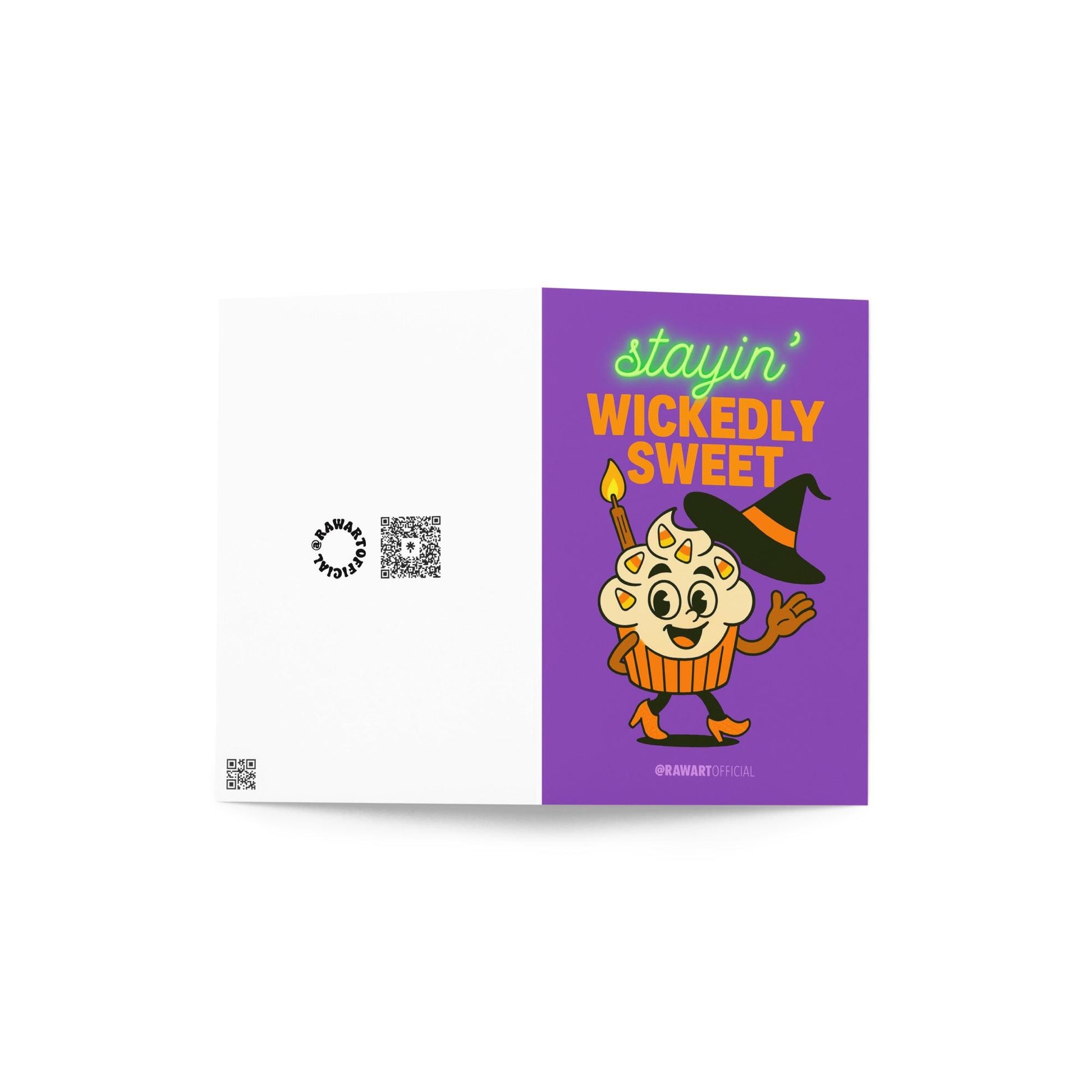 Retro witch cupcake Halloween card with candy corn sprinkles and pointy hat.