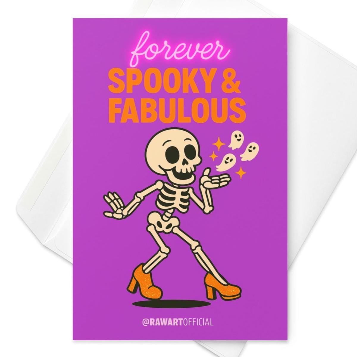 Retro skeleton in glitter heels blowing kisses with “Forever Spooky & Fabulous” text on purple card.