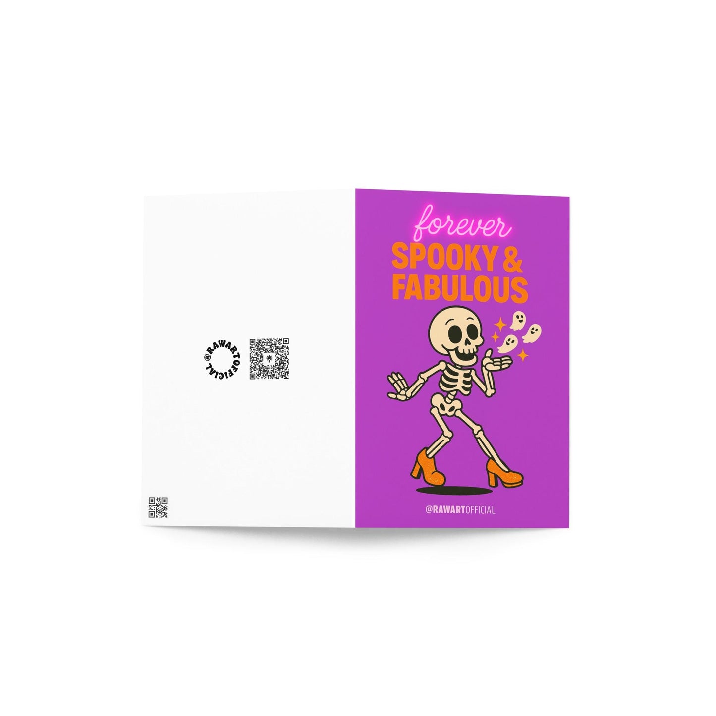 Retro skeleton in glitter heels blowing kisses with “Forever Spooky & Fabulous” text on purple card.
