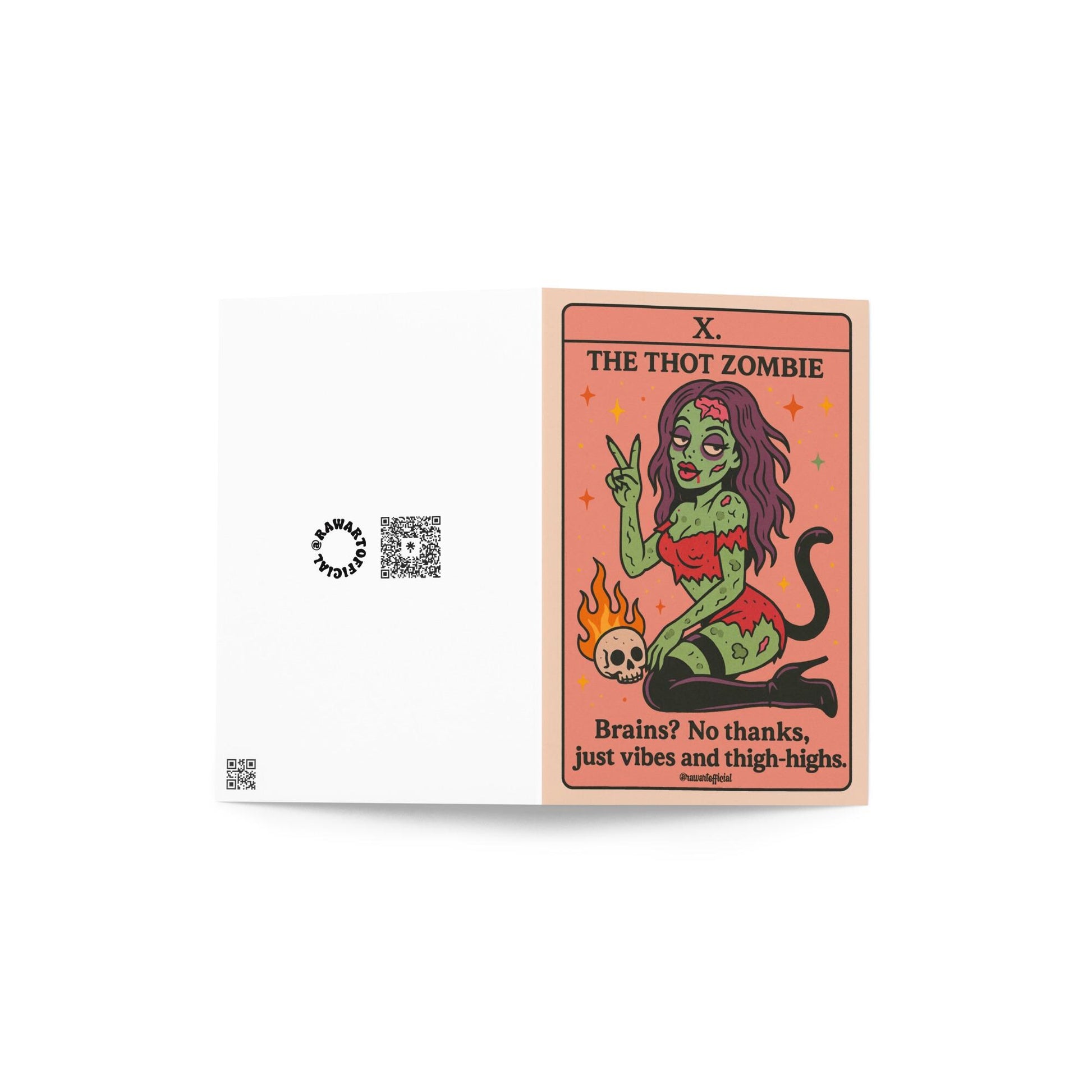 Illustrated green zombie pin-up with long hair and thigh-high boots, posing tarot card style with skull and flames, text “The Thot Zombie.”