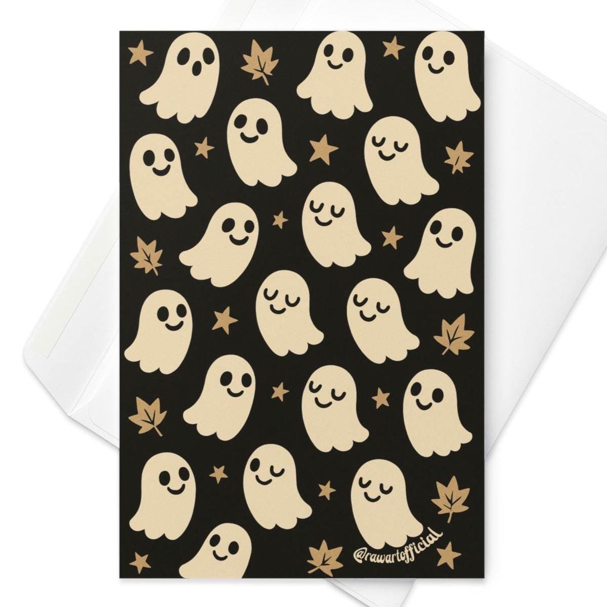 Cute ghost pattern greeting card with retro kawaii ghosts, stars, and fall leaves on a black background.