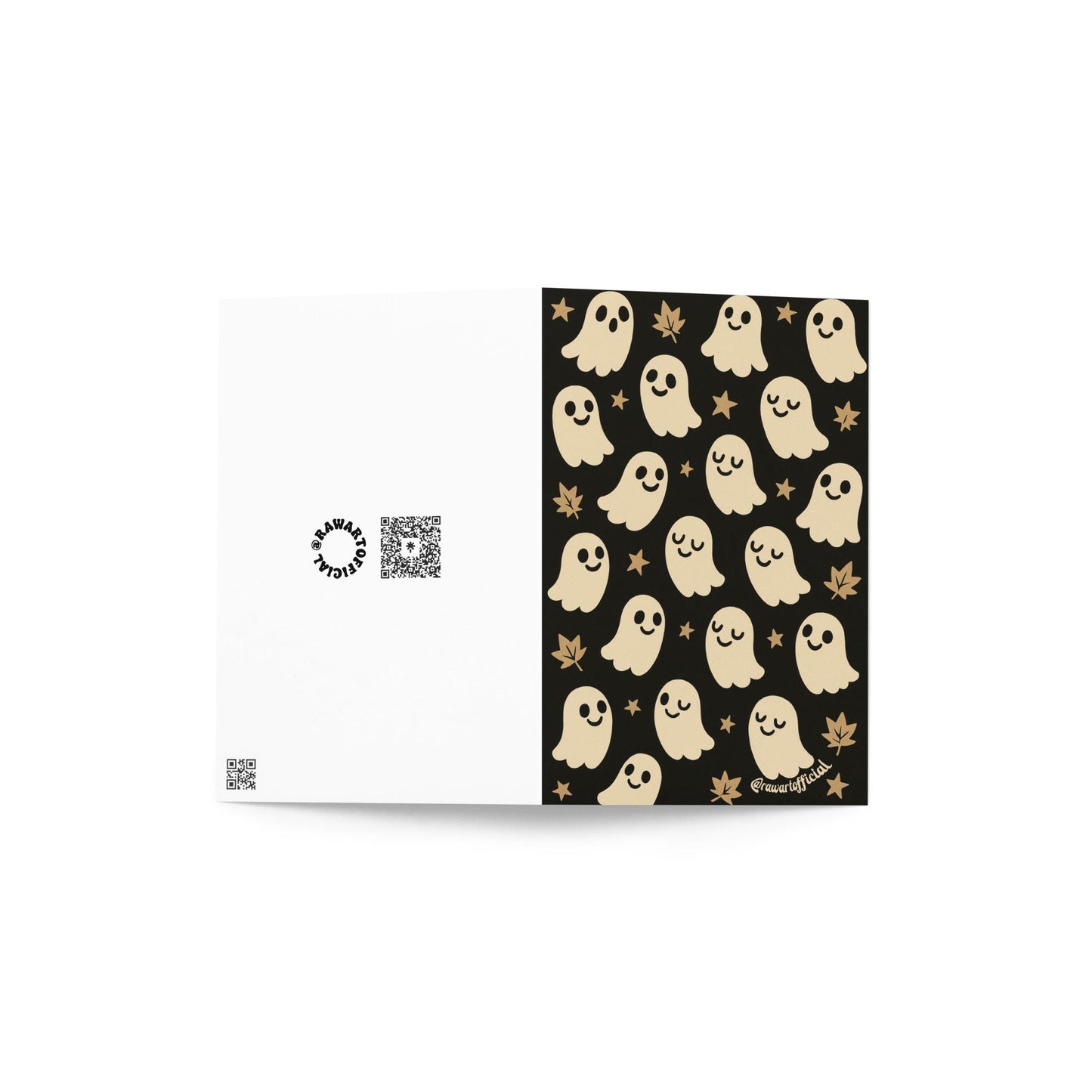 Cute ghost pattern greeting card with retro kawaii ghosts, stars, and fall leaves on a black background.