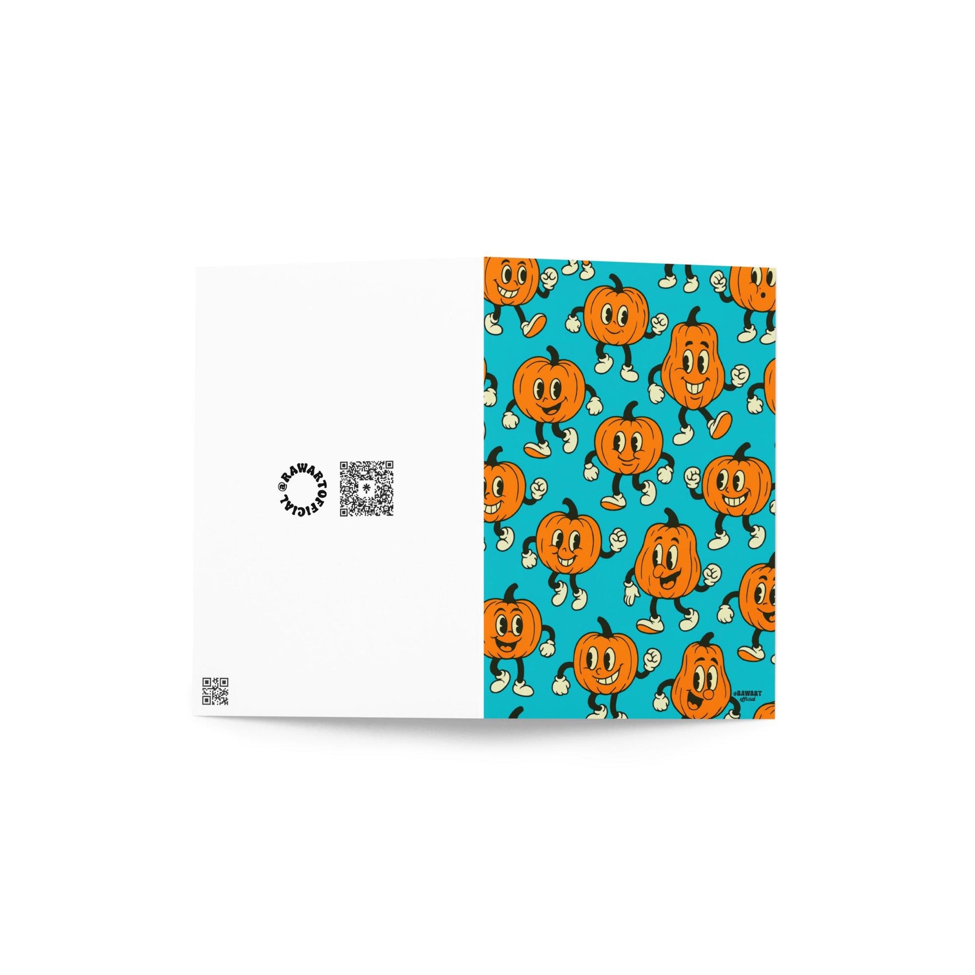 Retro pumpkin pattern Halloween card with vintage cartoon pumpkins on teal background wearing gloves and sneakers.
