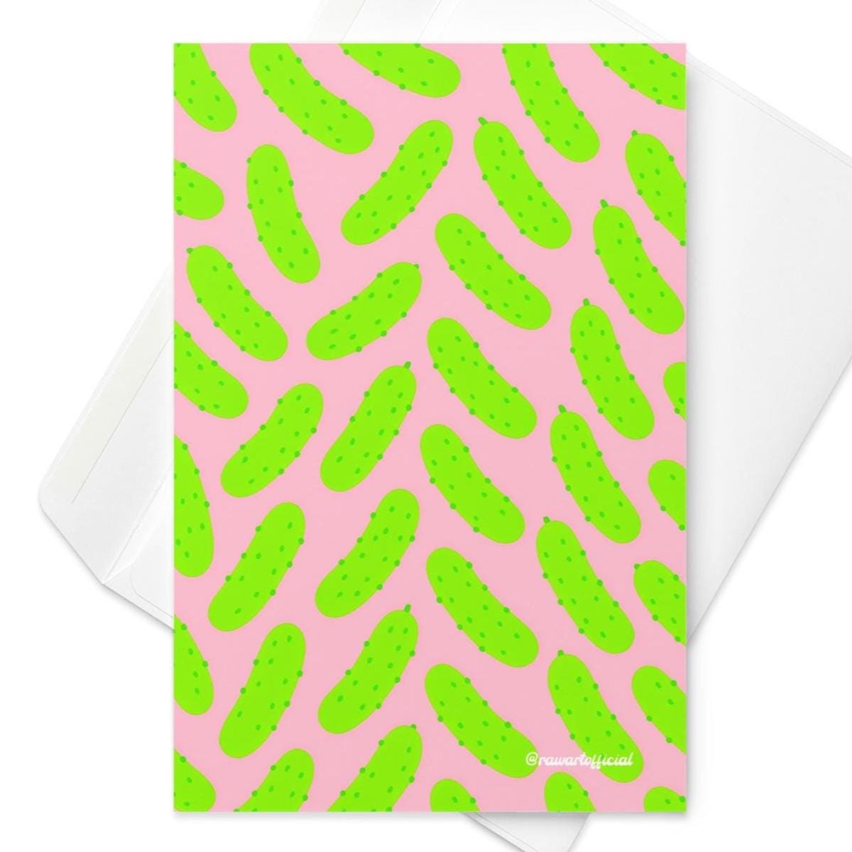 Retro pickle greeting card with bright pink background, fun food pun design, and playful pop art style