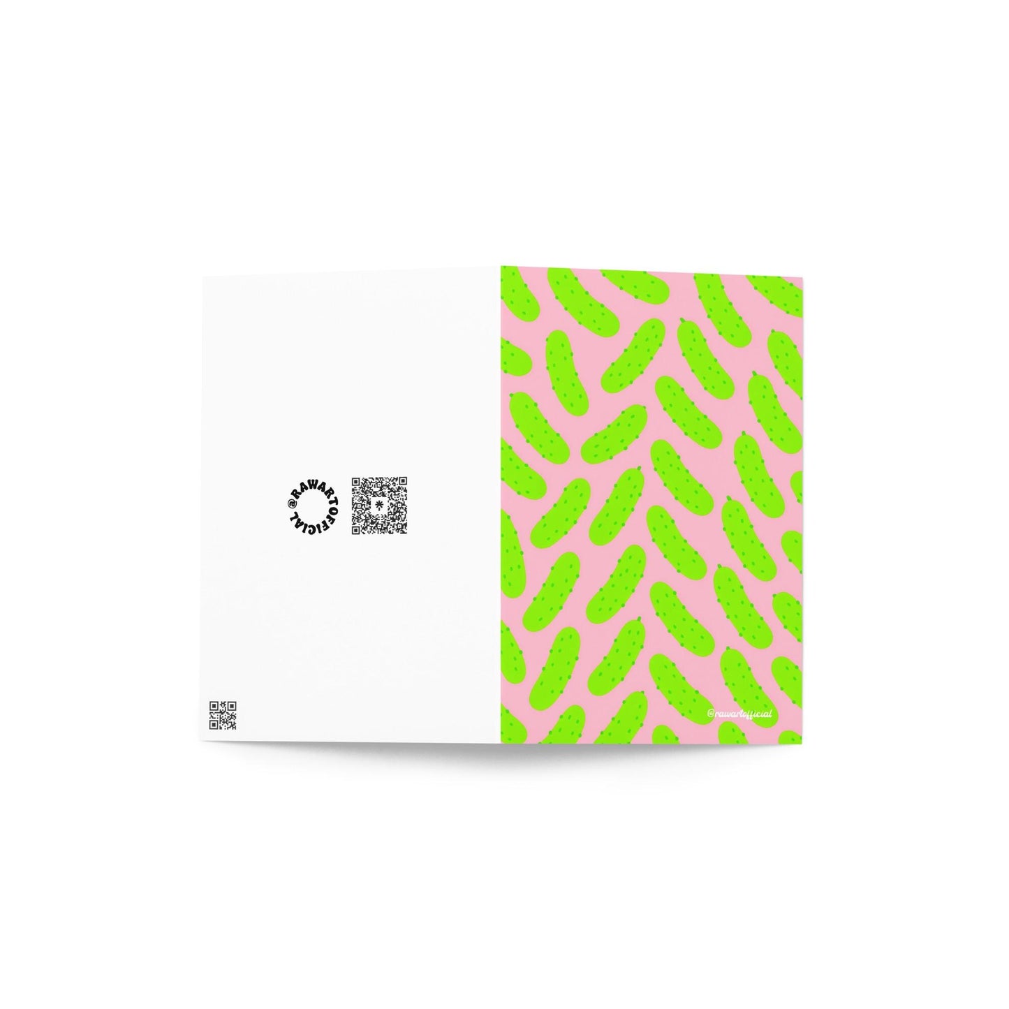 Retro pickle greeting card with bright pink background, fun food pun design, and playful pop art style