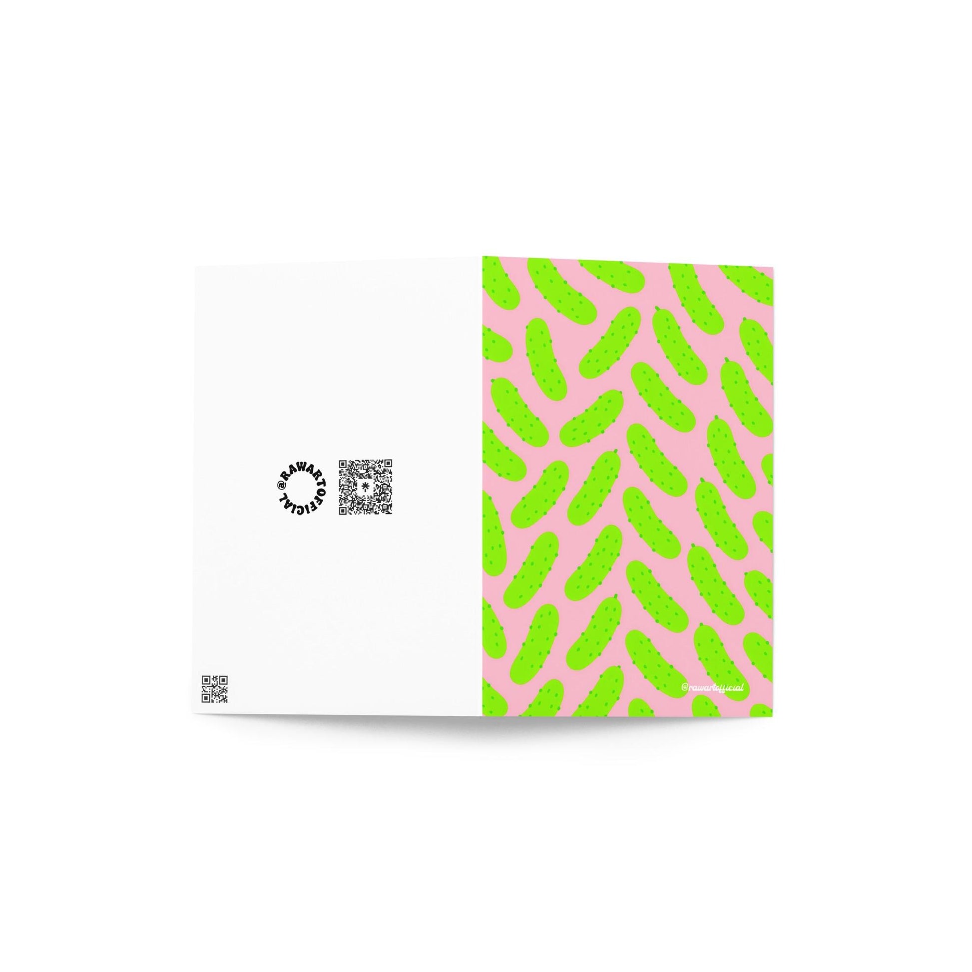 Retro pickle greeting card with bright pink background, fun food pun design, and playful pop art style